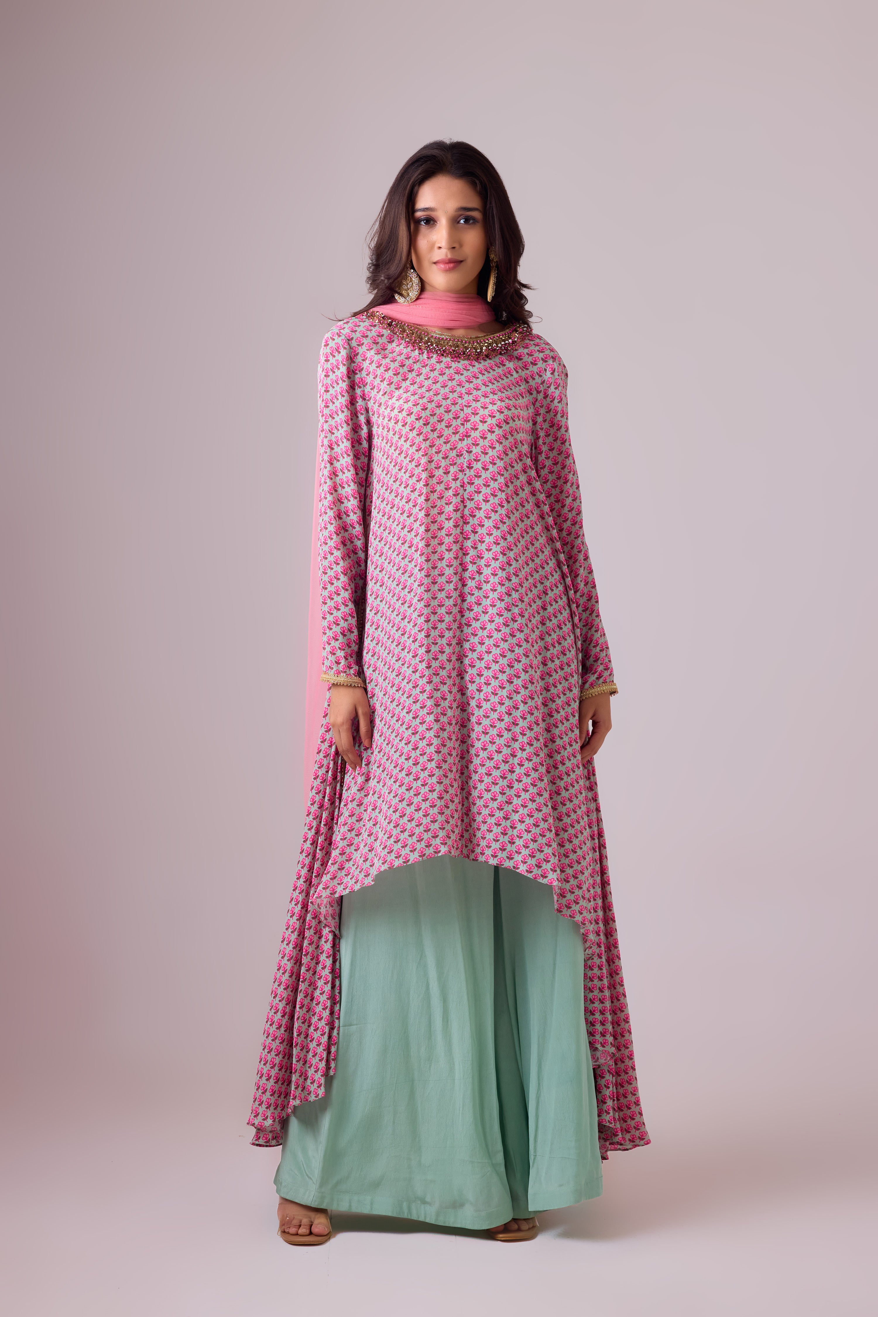 GODET TUNIC WITH NECK DETAILING WITH  PALAZZO PANT