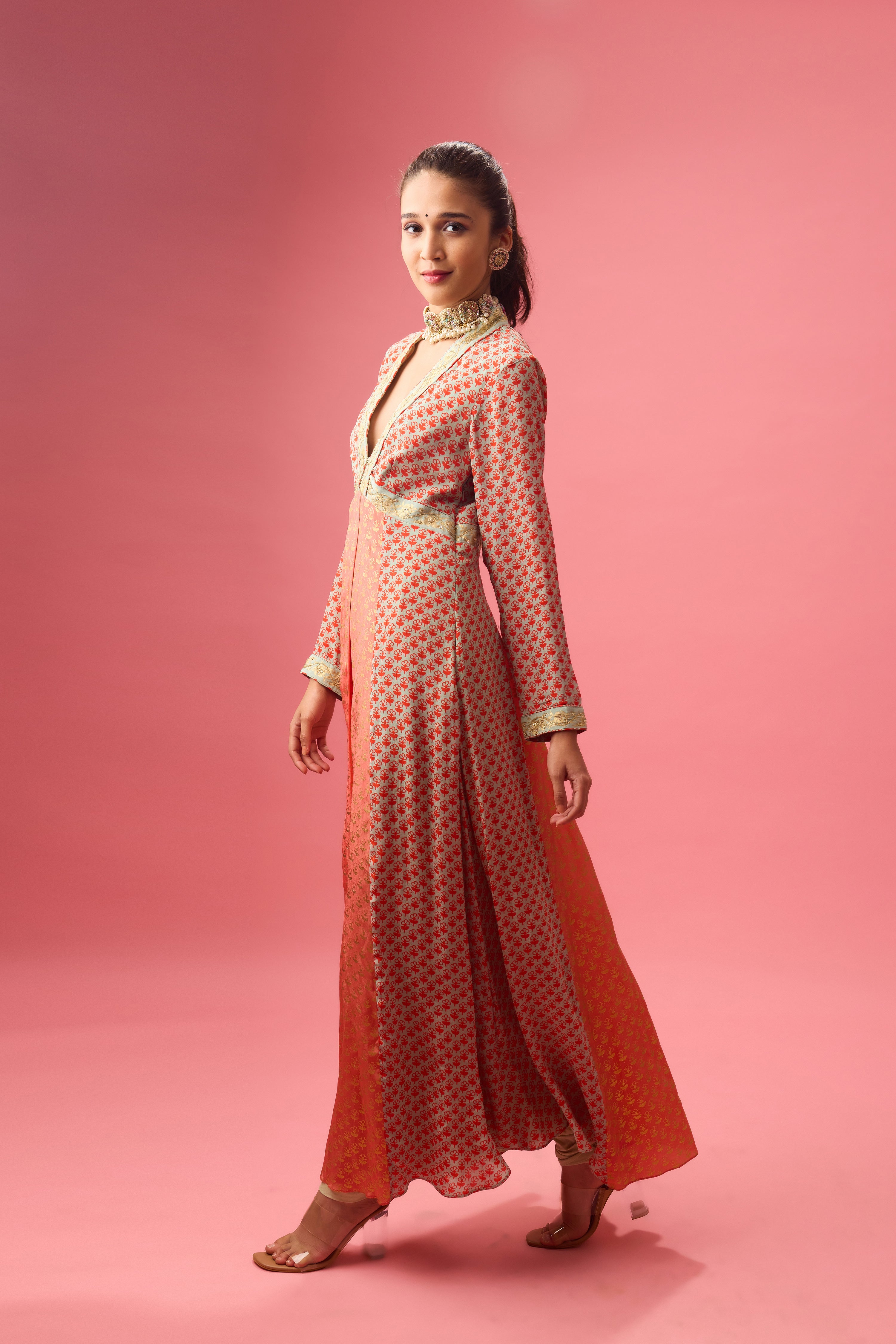 KALIDAR KURTA WITH PRINT AND EMBROIDERY PAIRED WITH CHURIDAR