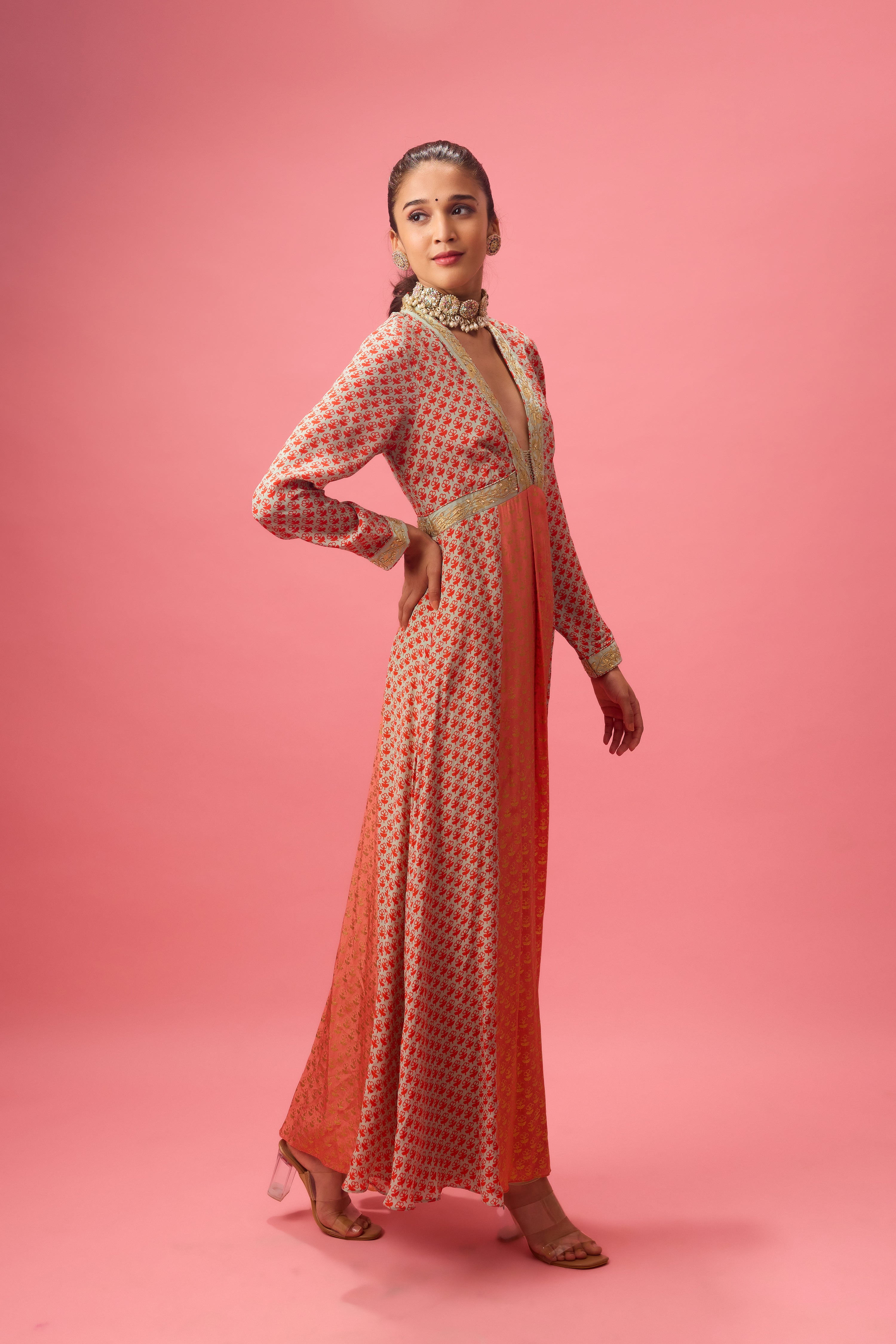 KALIDAR KURTA WITH PRINT AND EMBROIDERY PAIRED WITH CHURIDAR