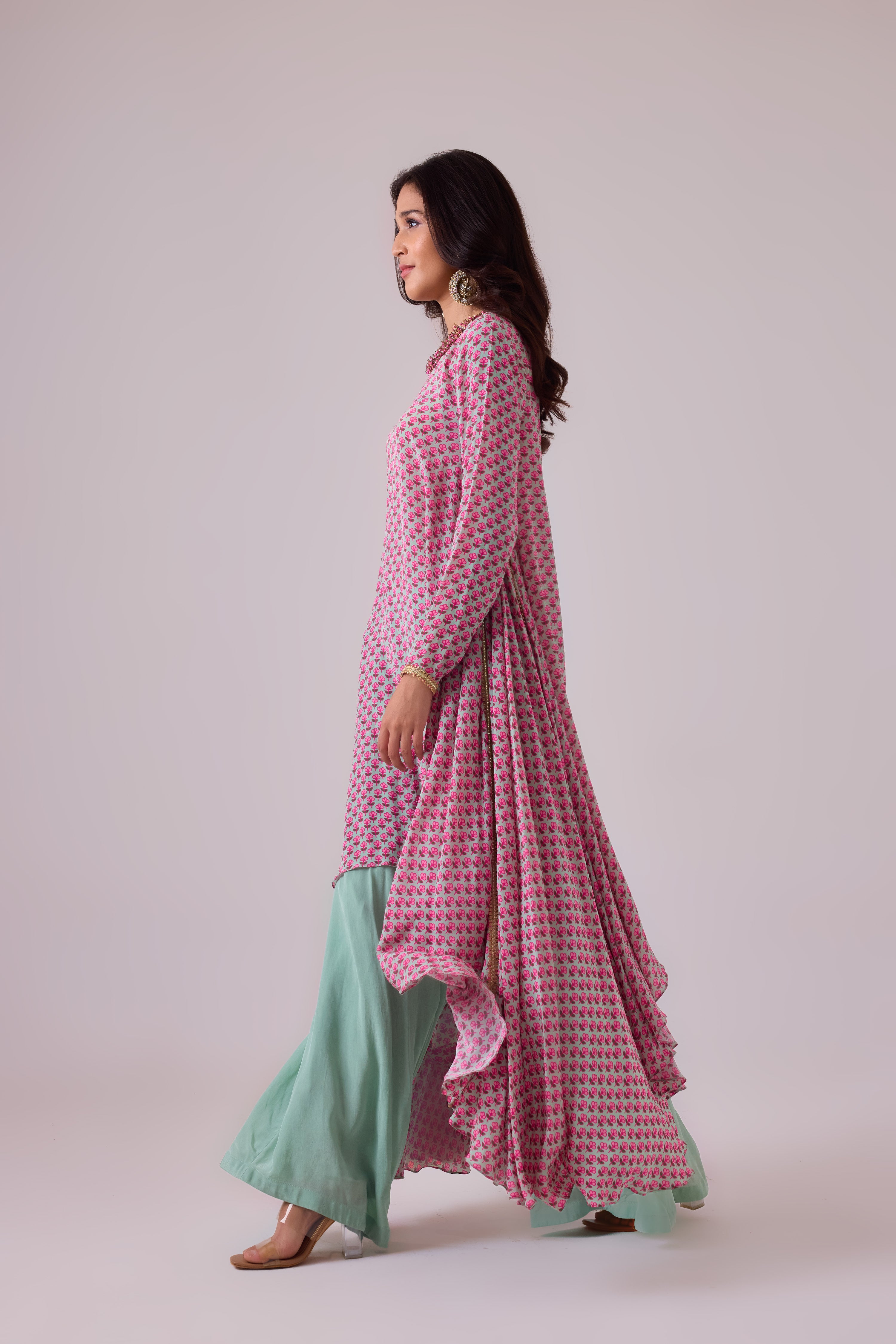 GODET TUNIC WITH NECK DETAILING WITH  PALAZZO PANT