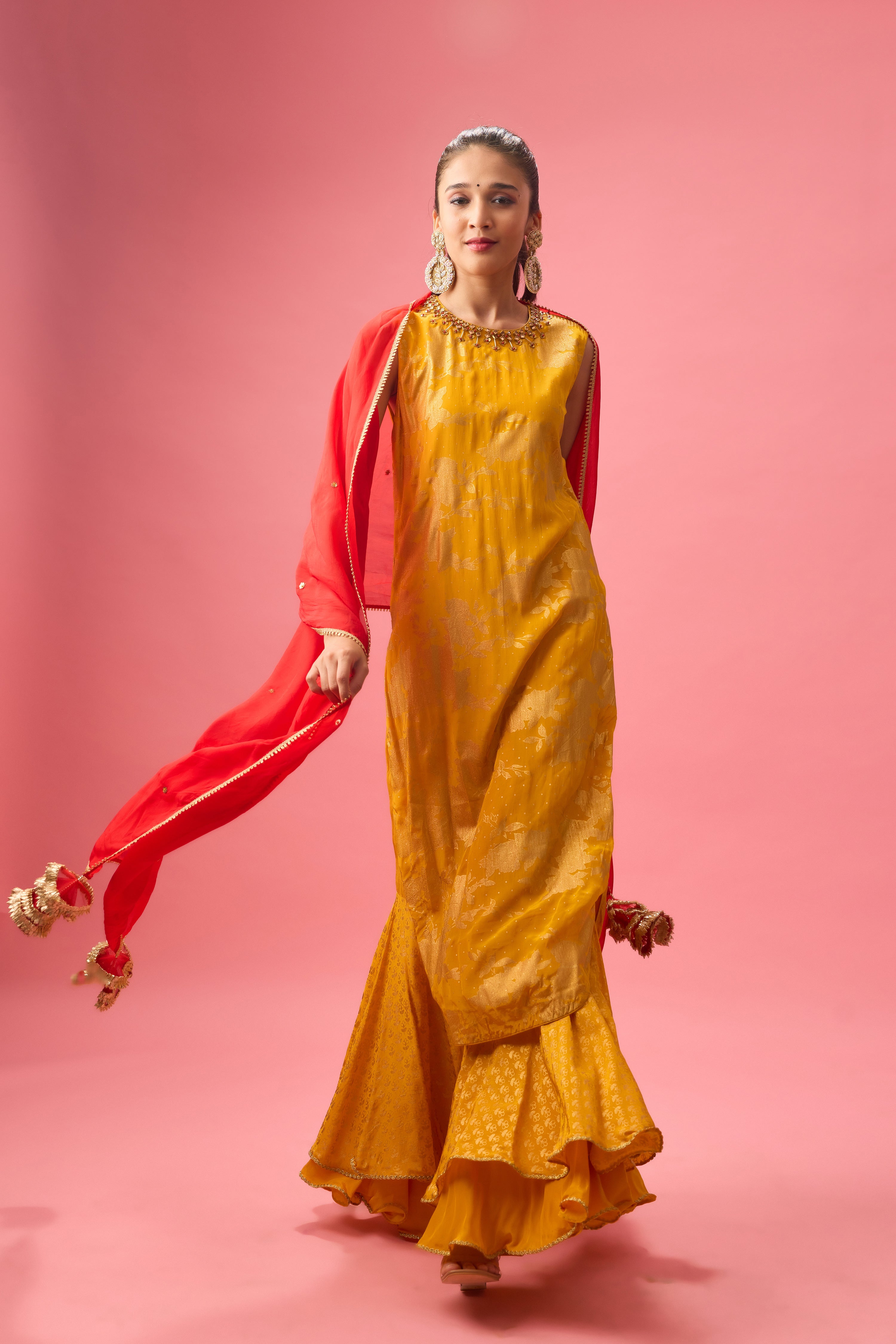 OCHRE SHARARA SET WITH FOIL PRINTING PAIRED WITH HAND EMB.DUPATTA