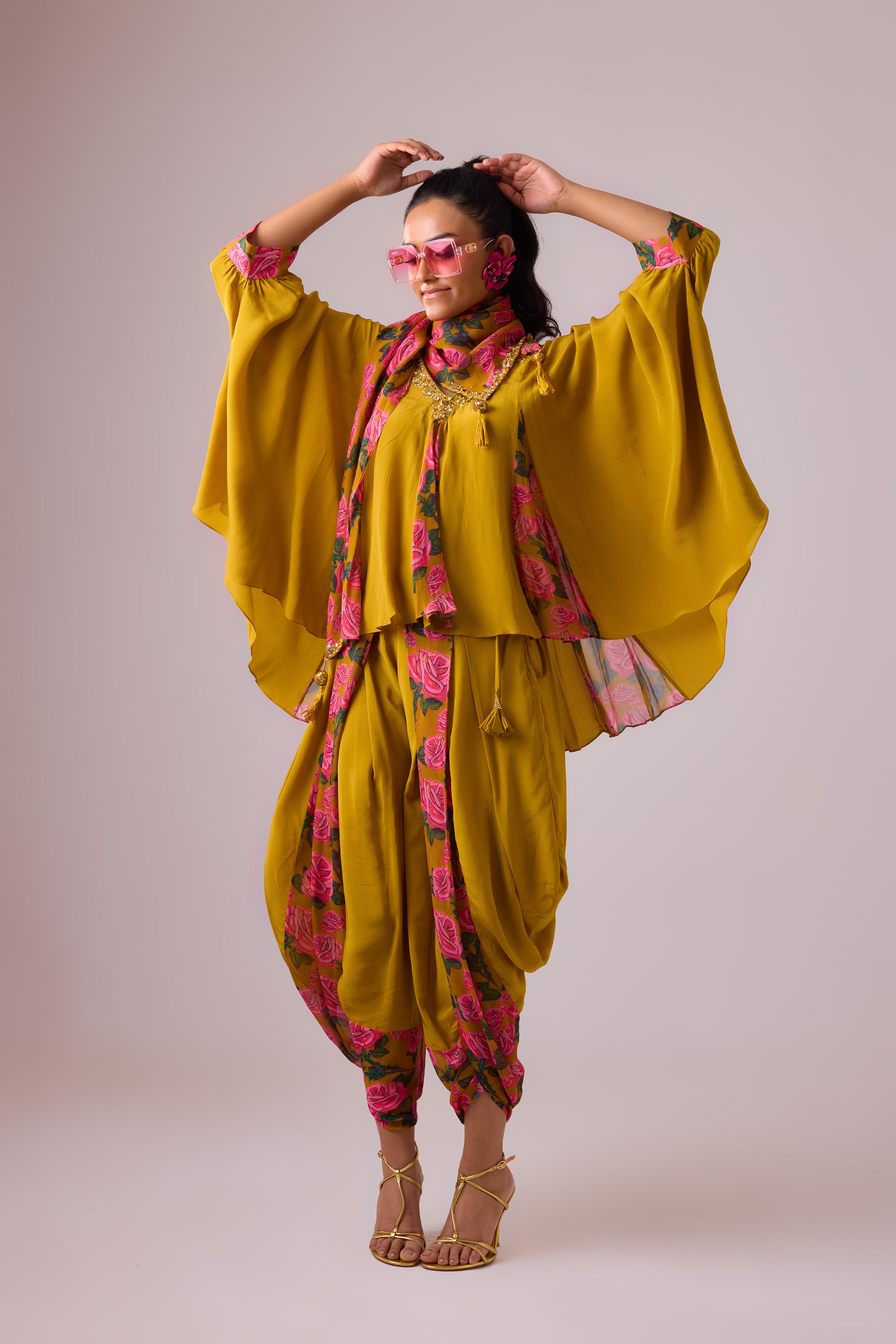 ROSE PRINTED WITH GODET KAFTAN TOP AND DHOTI PAIRED WITH PRINTED DUPATTA