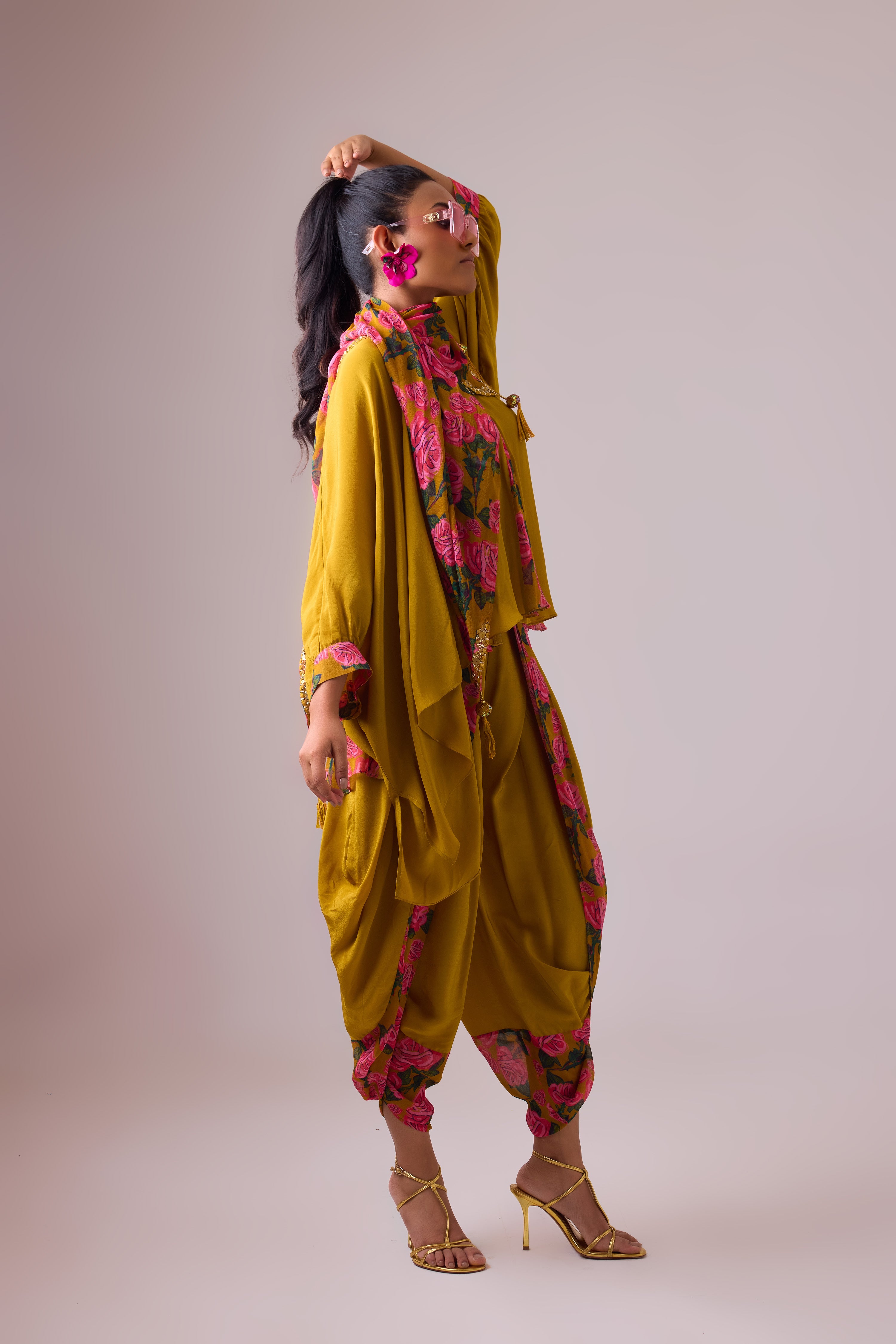 ROSE PRINTED WITH GODET KAFTAN TOP AND DHOTI PAIRED WITH PRINTED DUPATTA