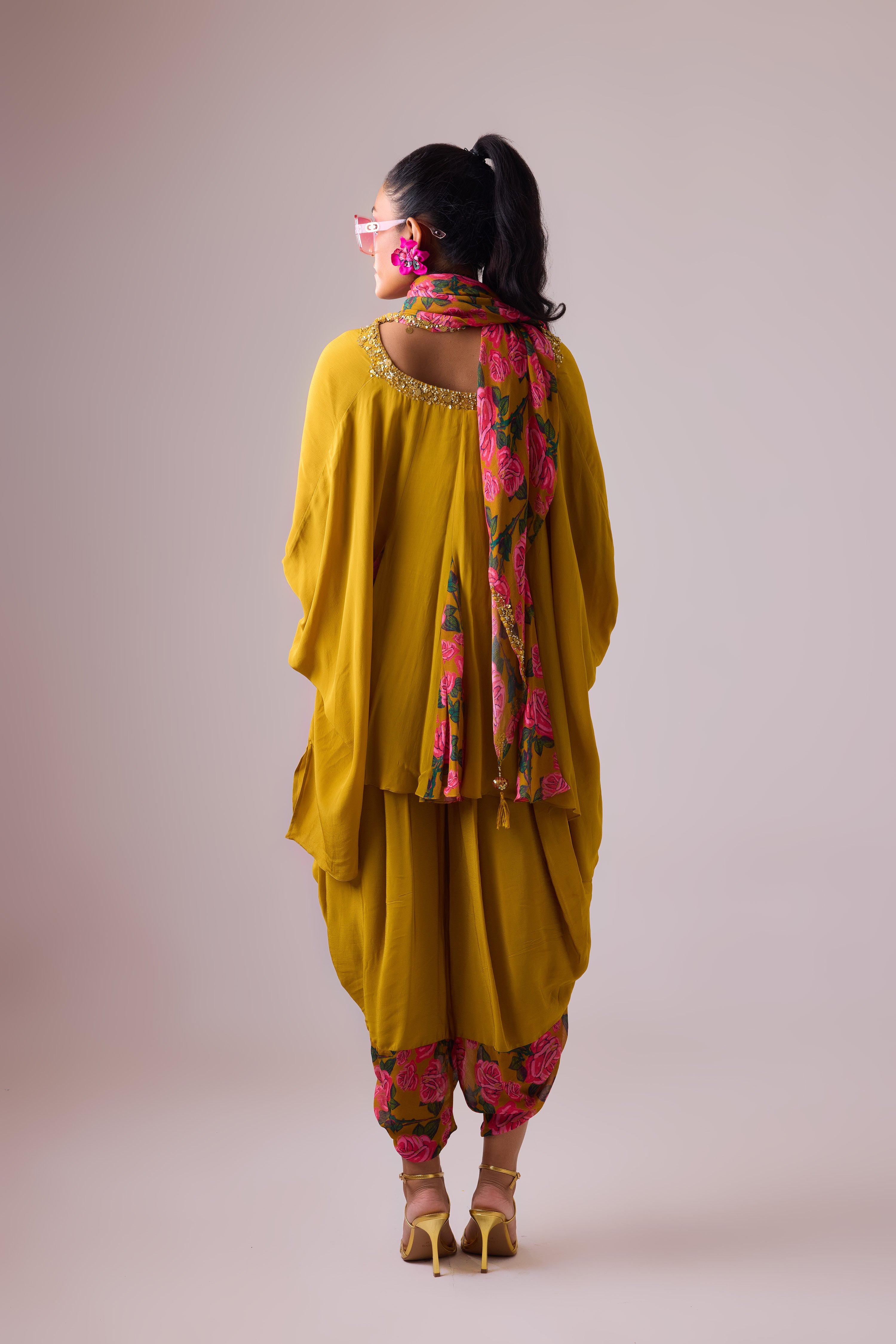 ROSE PRINTED WITH GODET KAFTAN TOP AND DHOTI PAIRED WITH PRINTED DUPATTA