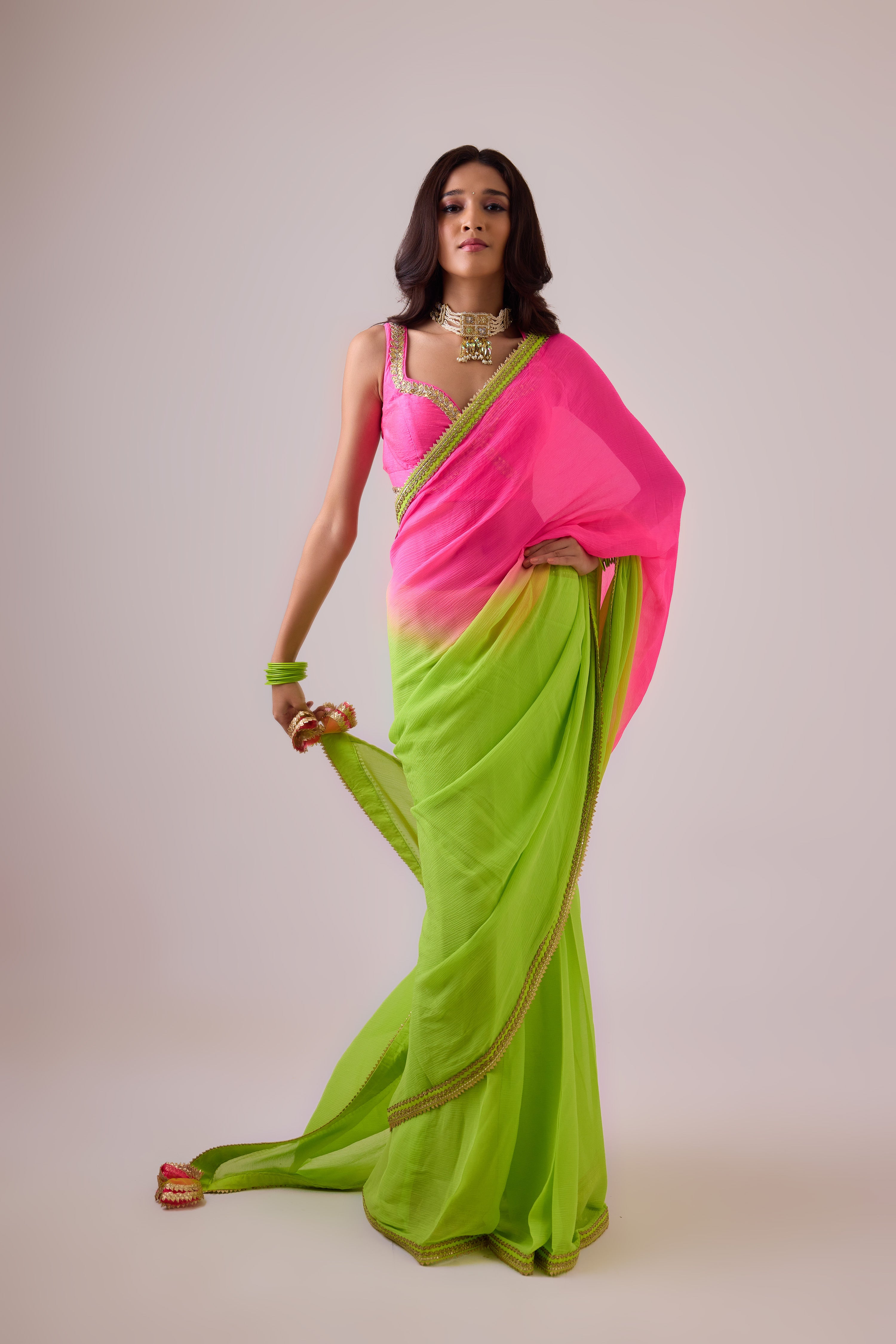 Pure silk chiffon ombre saree and gota borders