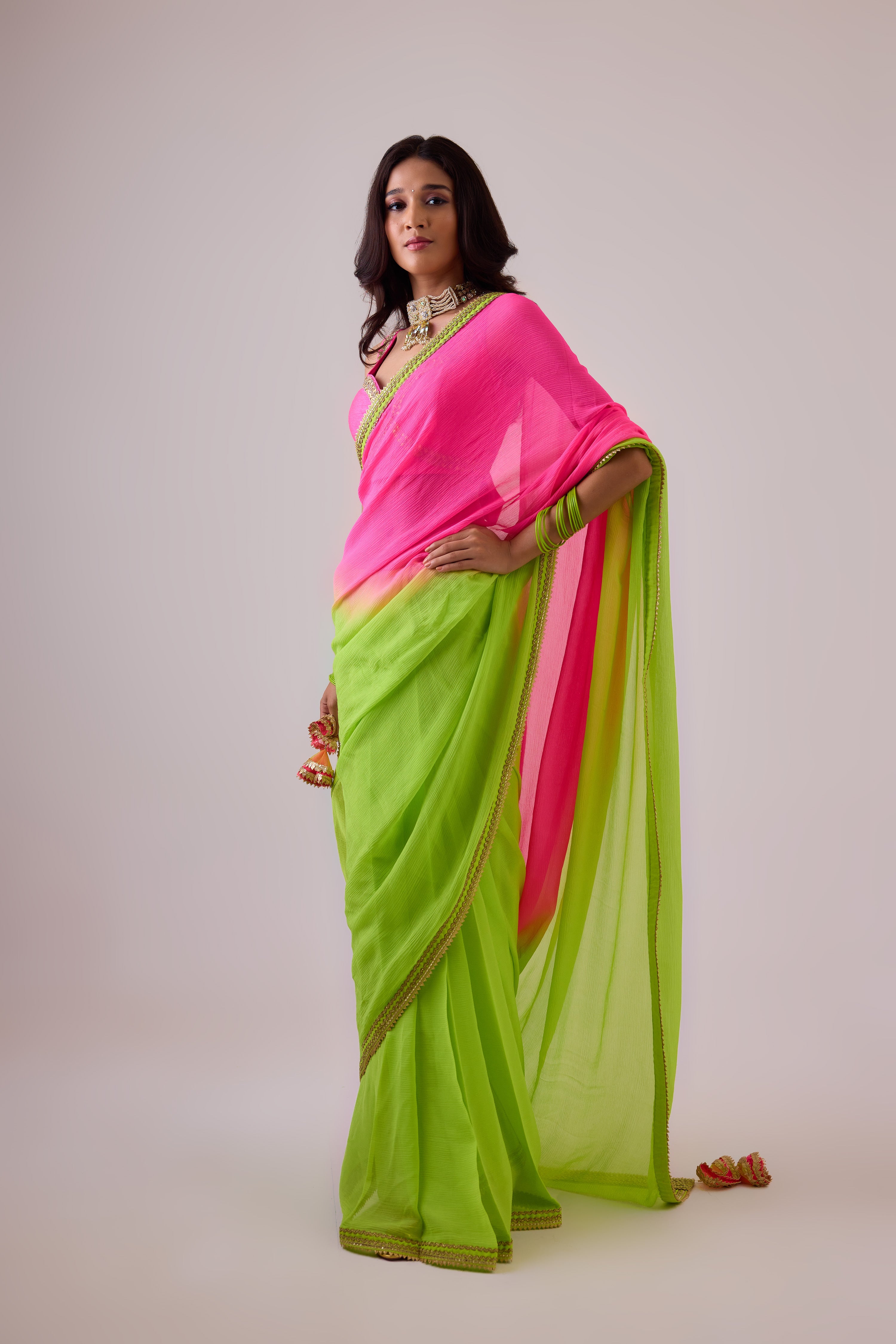 Pure silk chiffon ombre saree and gota borders