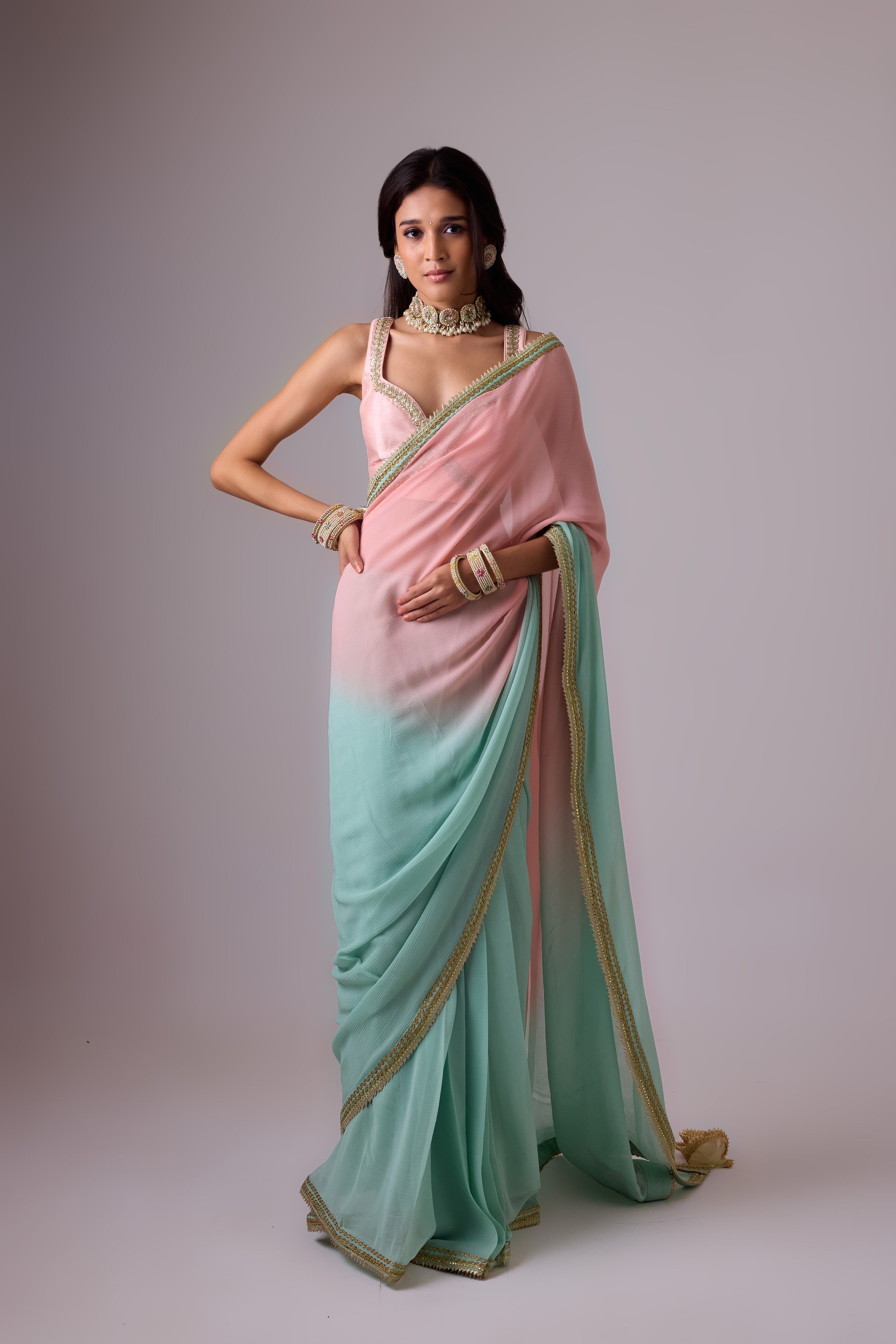 Pure silk chiffon ombre saree and gota borders