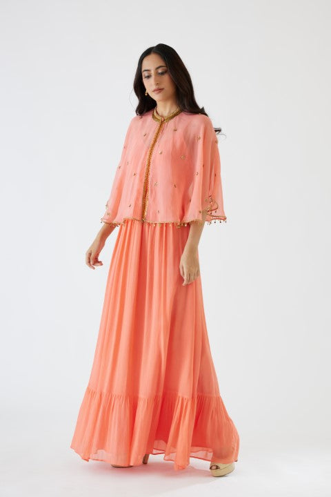 Light Peach Dress and Embroidered Cape