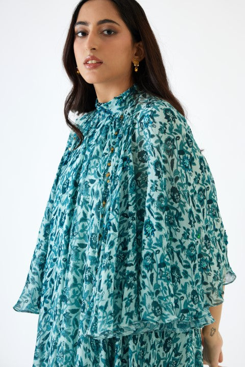 Sea Blue And Turquiose Floral Printed Cape Dress Set