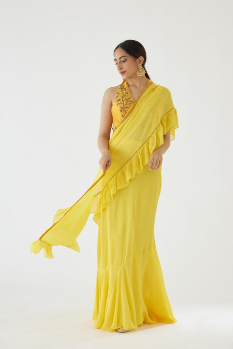 Yellow Ruffle Saree Set