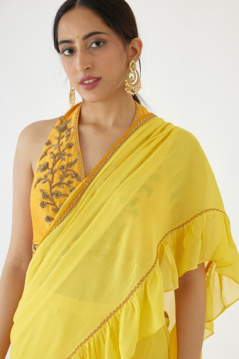 Yellow Ruffle Saree Set