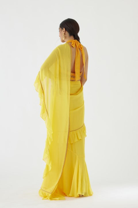 Yellow Ruffle Saree Set