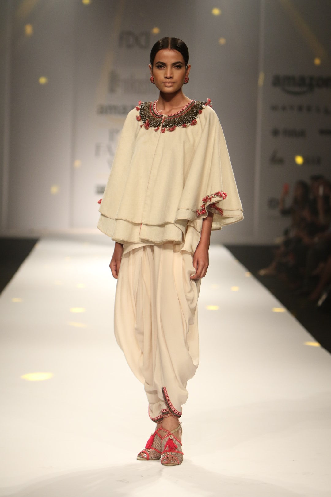 khadi double layer cape with cowl dhoti and cami top
