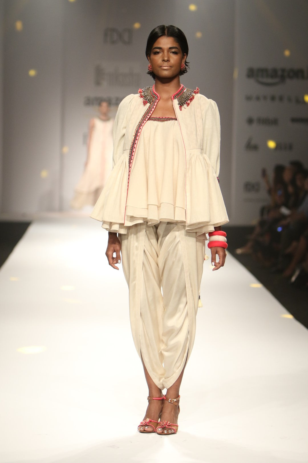 jacket with ruffled tube top with front open dhoti