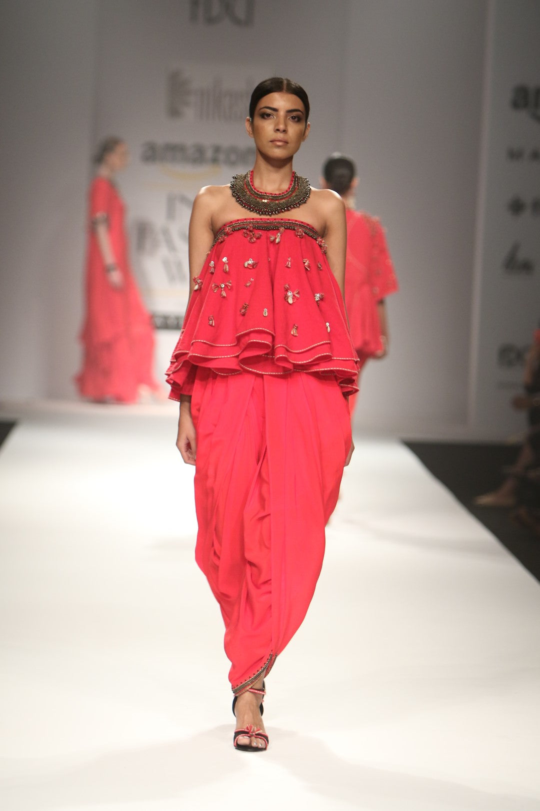 Kasum red embroidered tube kali top with cowl dhoti