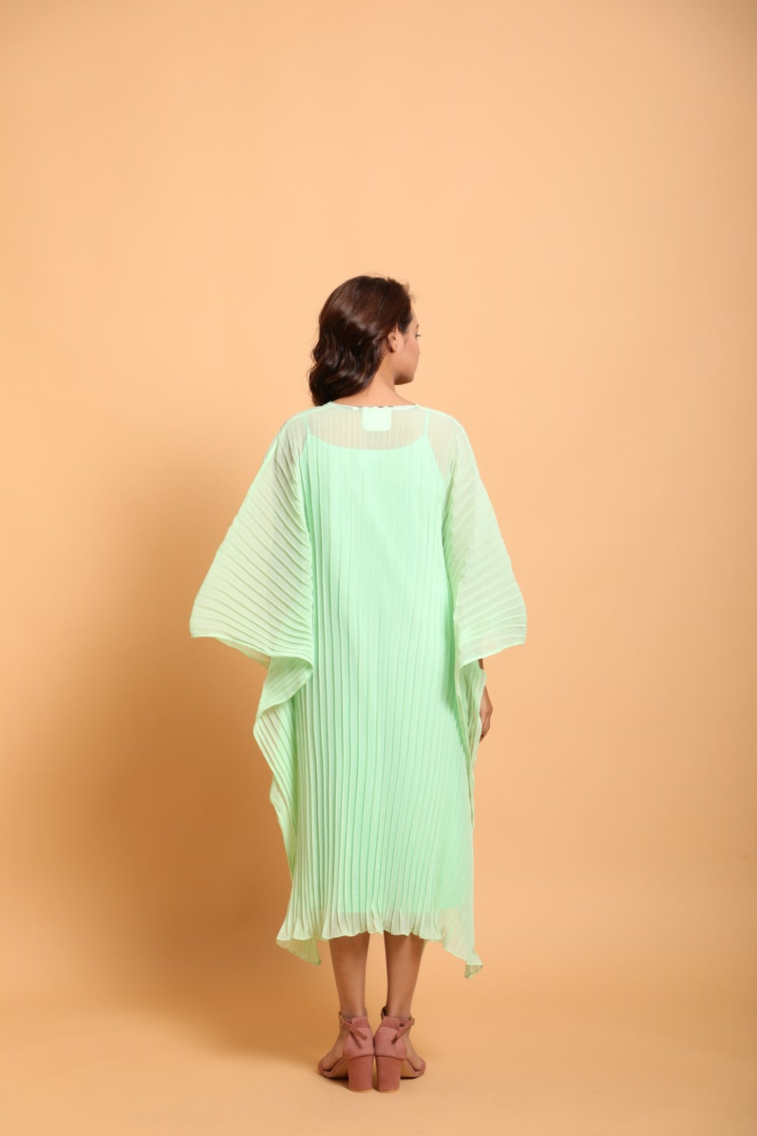Pista Green pleated floral embroidered kaftan