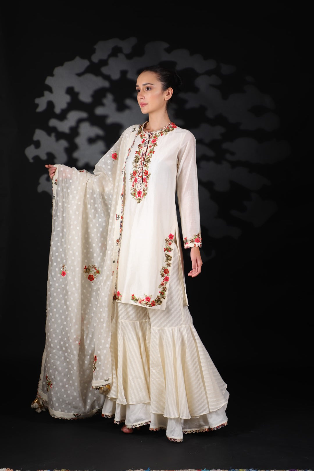 Lilly Off White Cotton Embroidered Kurta with Sharara and Dupatta