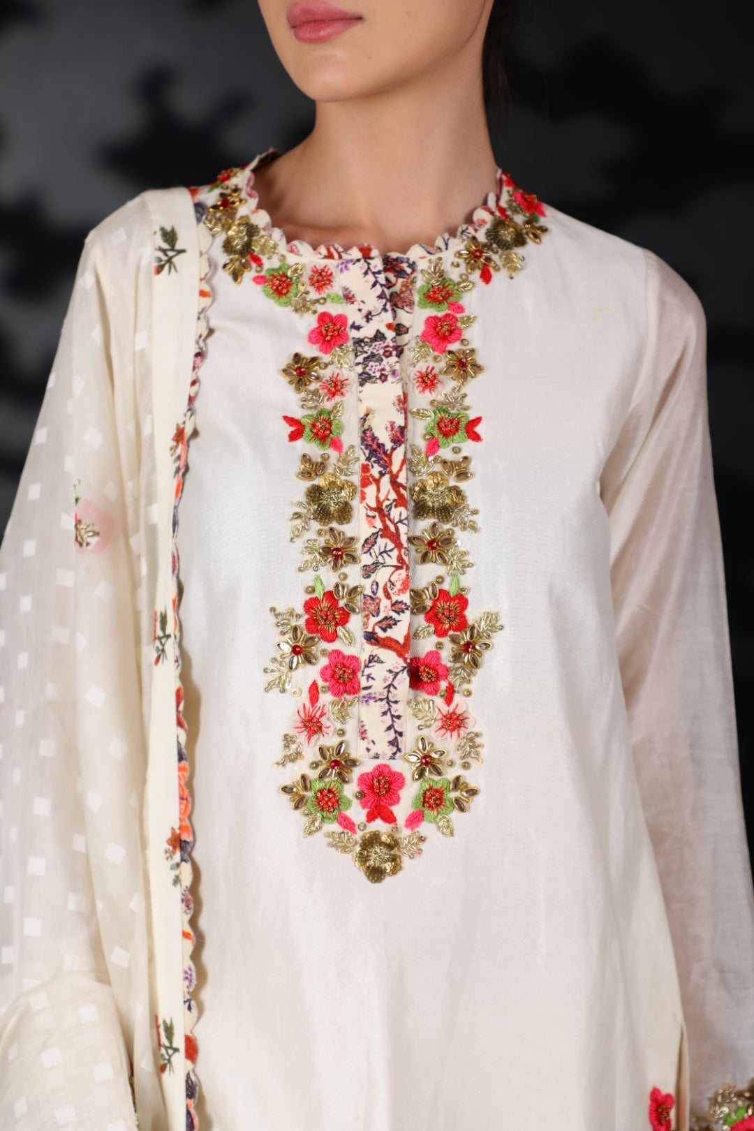 Lilly Off White Cotton Embroidered Kurta with Sharara and Dupatta