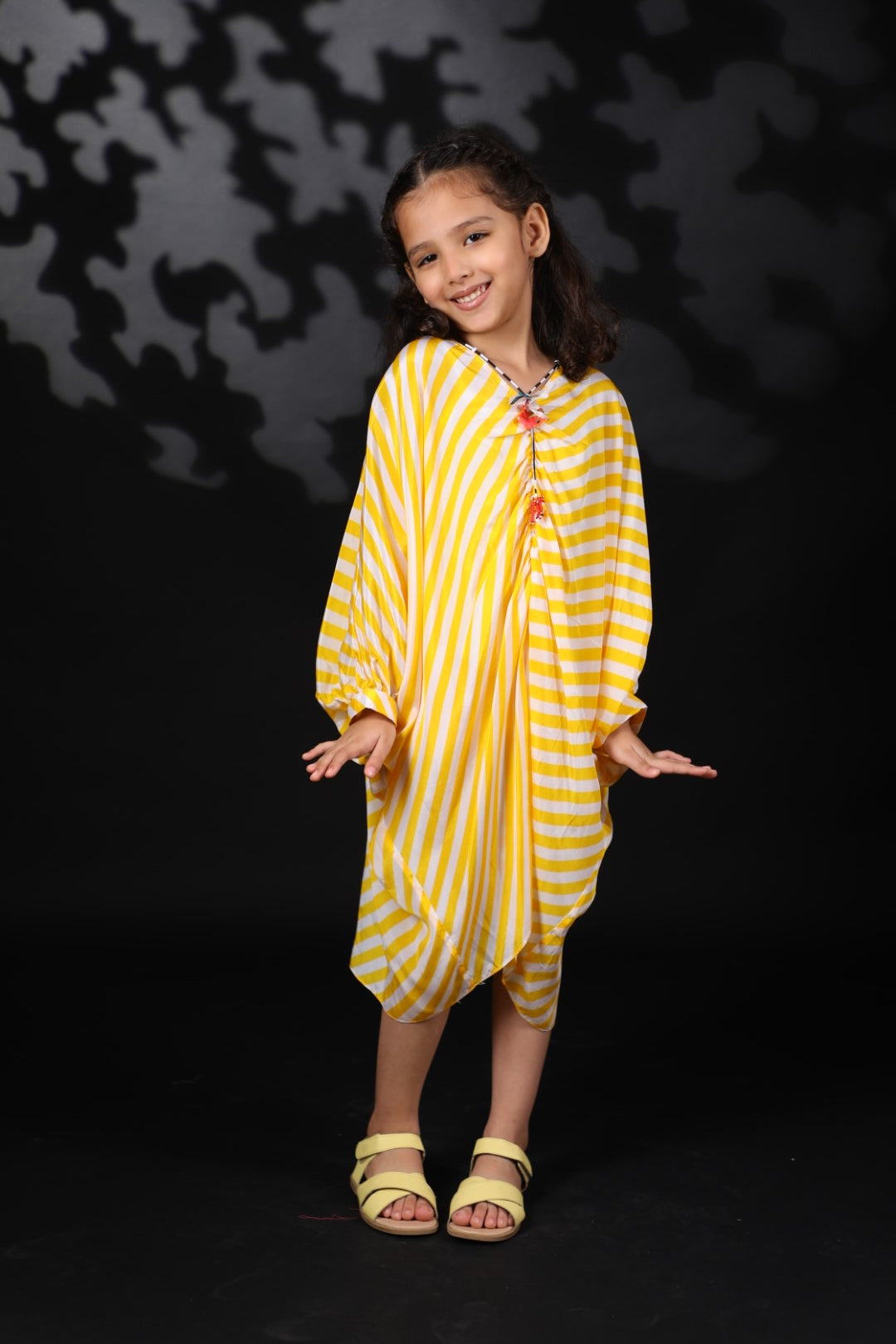 Yellow Lehariya Crepe Kaftan Dress