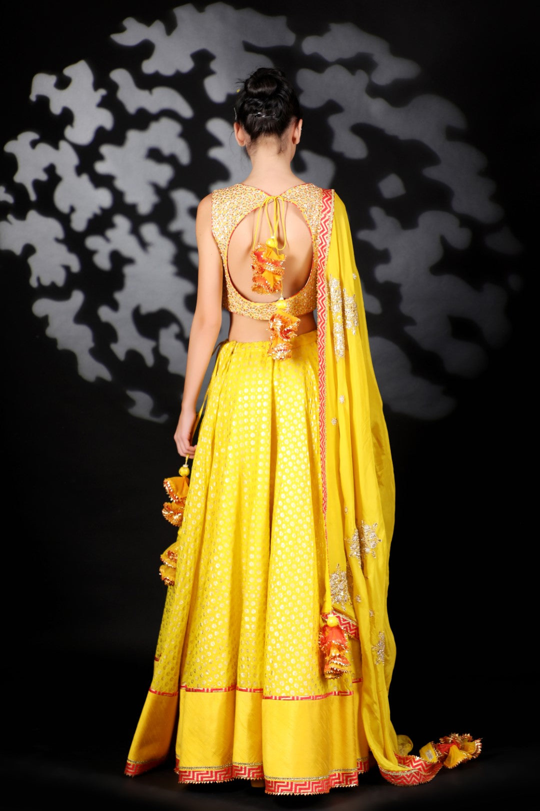Pitambari Yellow Matka Silk Embroidered Blouse with Cotton Silk Gold Print Lehenga & Emb Dupatta