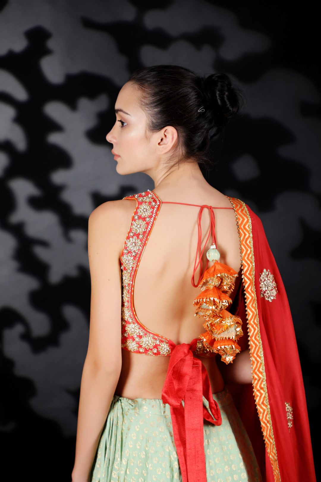 Coral Red Matka Silk Embroidered Blouse with Cotton Silk Gold Print Lehenga & Emb Dupatta