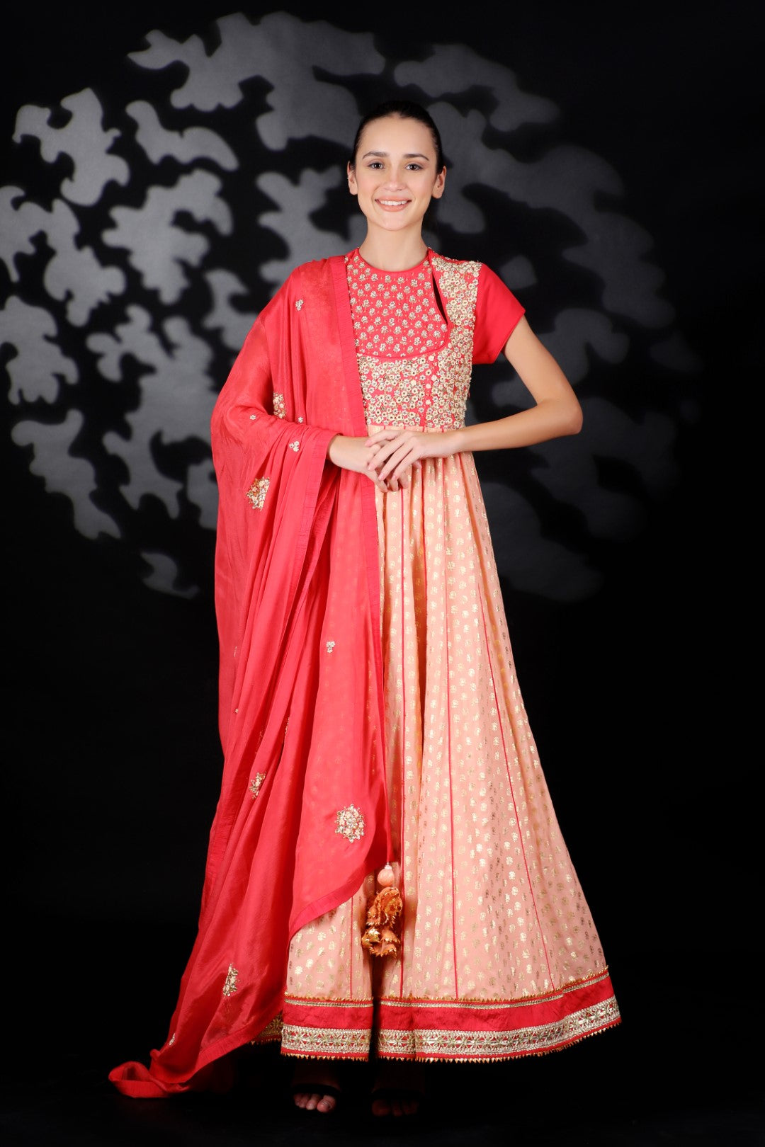 Coral and Rose Pink Cotton Silk Embroidered Kalidar Set