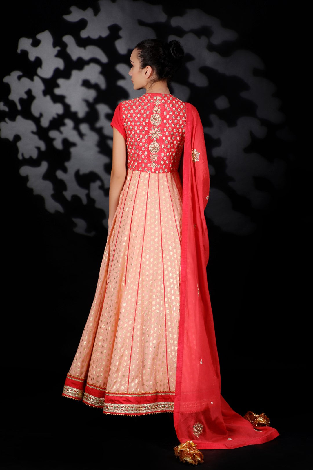 Coral and Rose Pink Cotton Silk Embroidered Kalidar Set