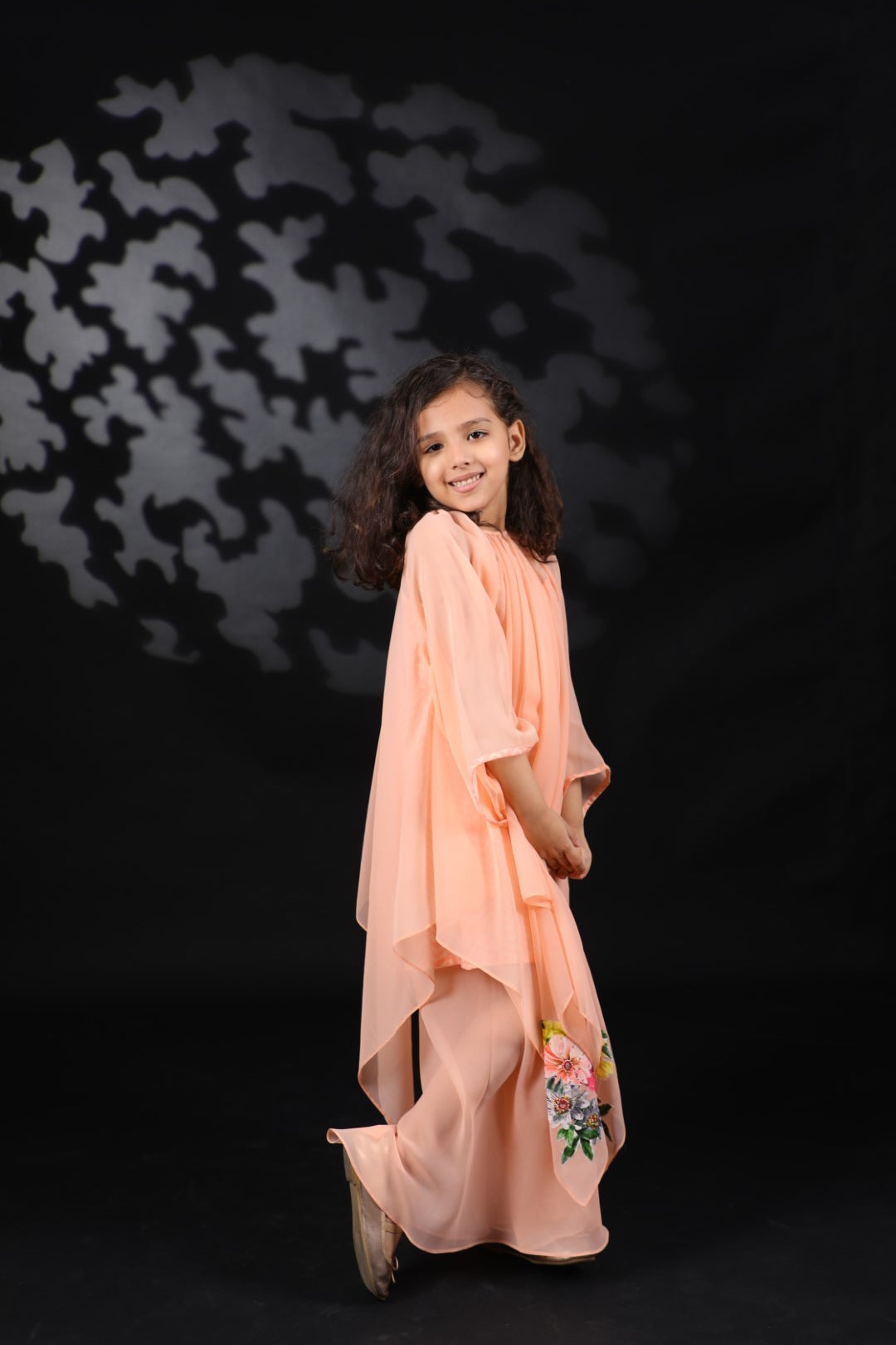 Salmon Asym Ggt Tunic with floral details paired with Pant