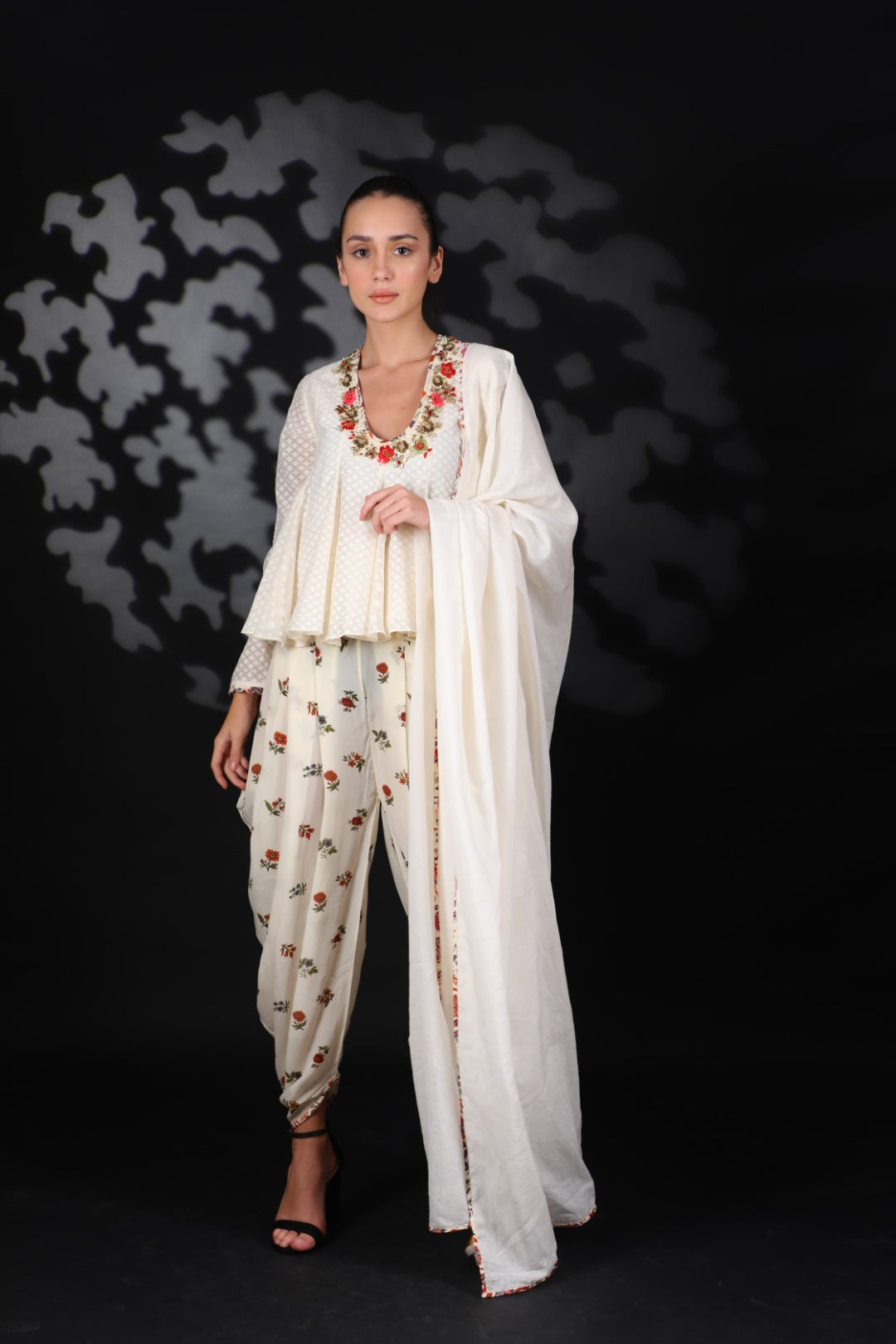 Lilly Off White Cotton Kalis Top with Chintz Dhoti and Dupatta