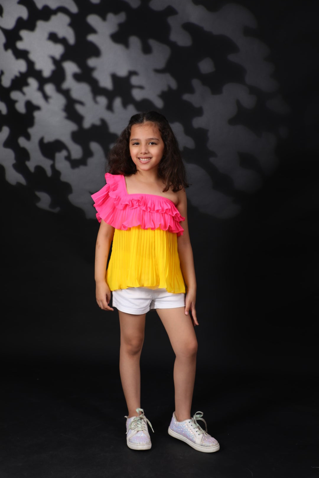 Mithai Pink & Yellow Off Shoulder pleated Ggt Top