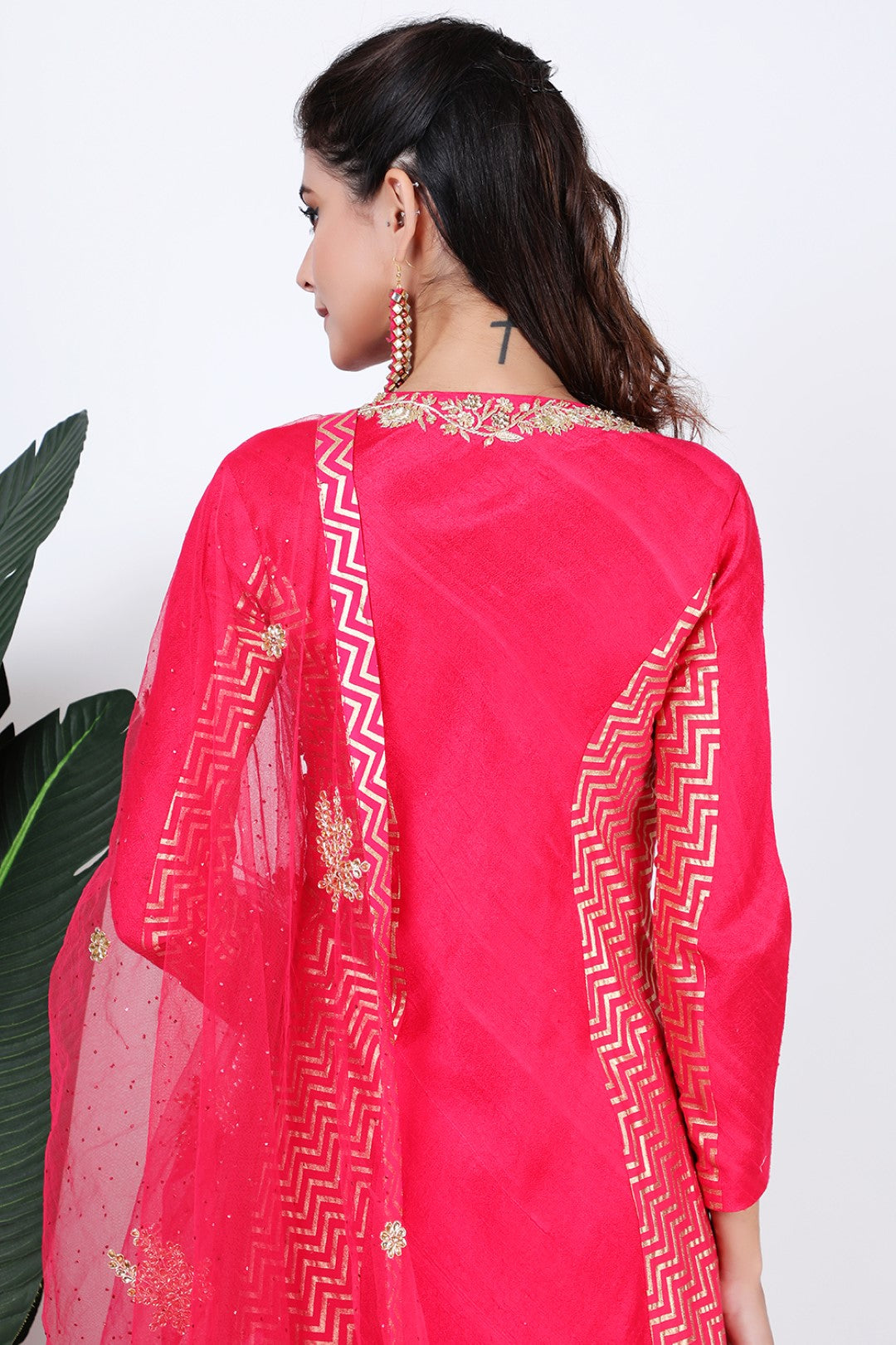 Rose Red silk kurta with gold chevron printed side panel with  dupatta and chevron gold printed sharara.