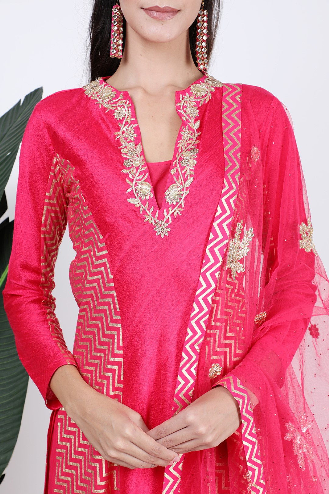 Rose Red silk kurta with gold chevron printed side panel with  dupatta and chevron gold printed sharara.