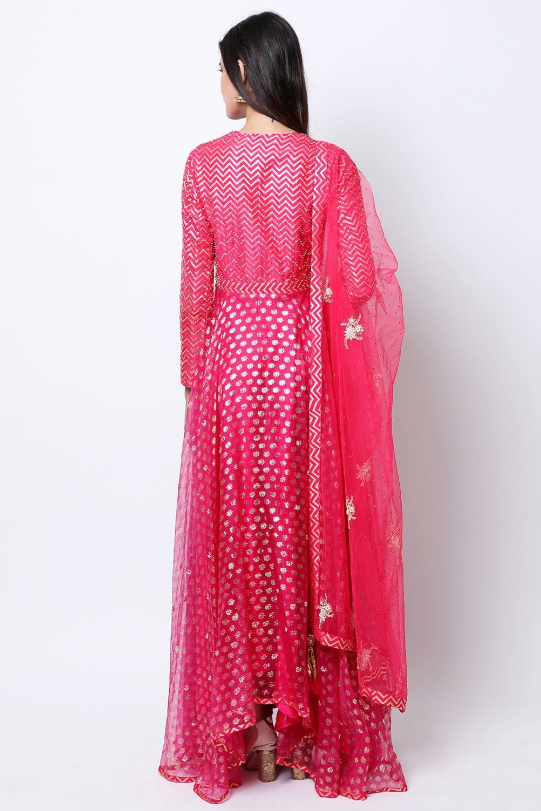 Rani Pink lotus and chevron gold printed organza kalidar  with mukesh embroidered dupatta and churidar.