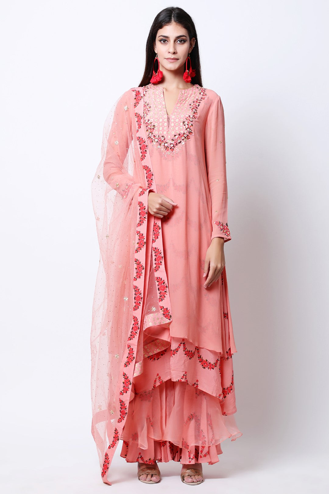 Vintage Rose scallop double layered embellished asymmetric tunic with mukesh net dupatta and sharara.