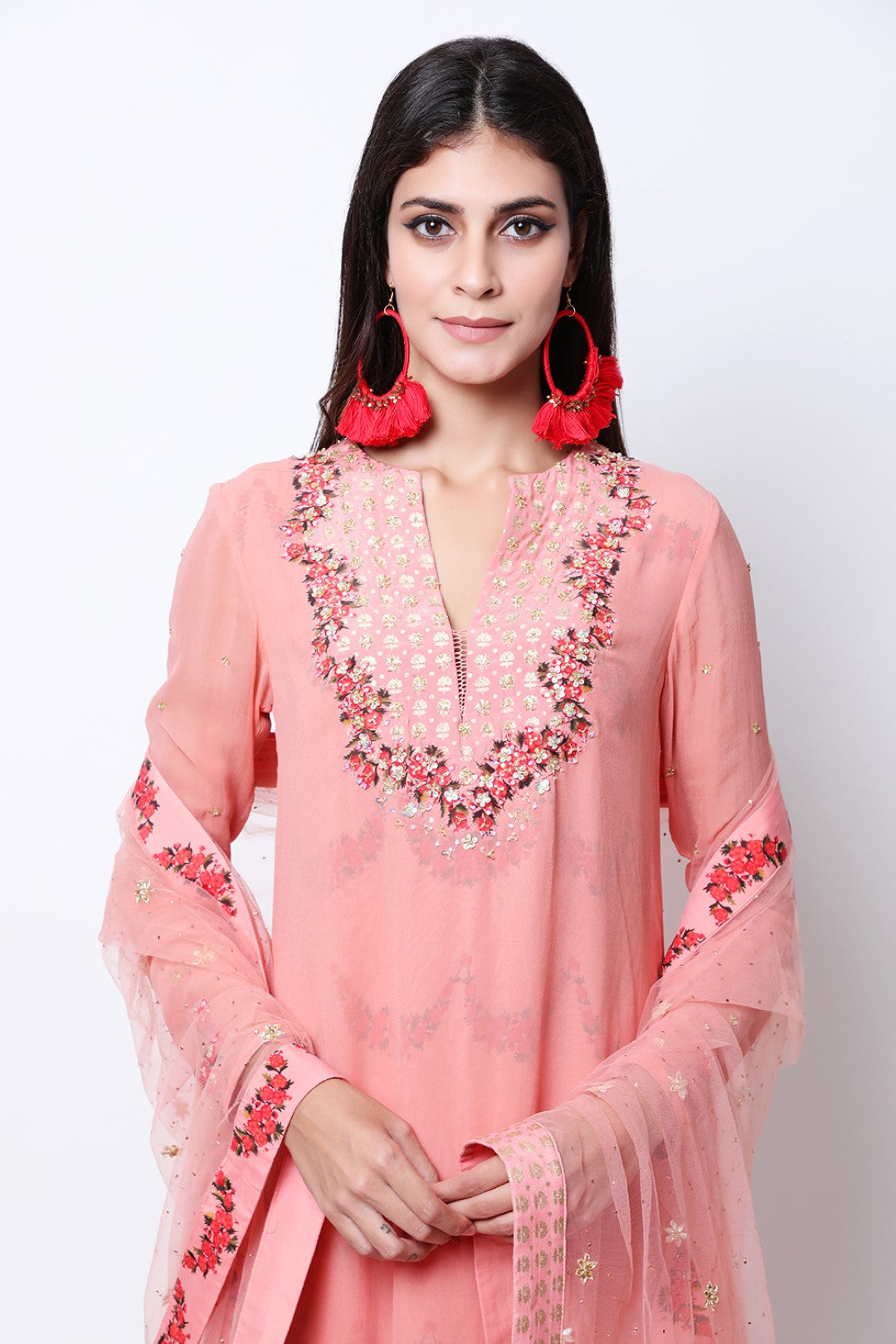 Vintage Rose scallop double layered embellished asymmetric tunic with mukesh net dupatta and sharara.