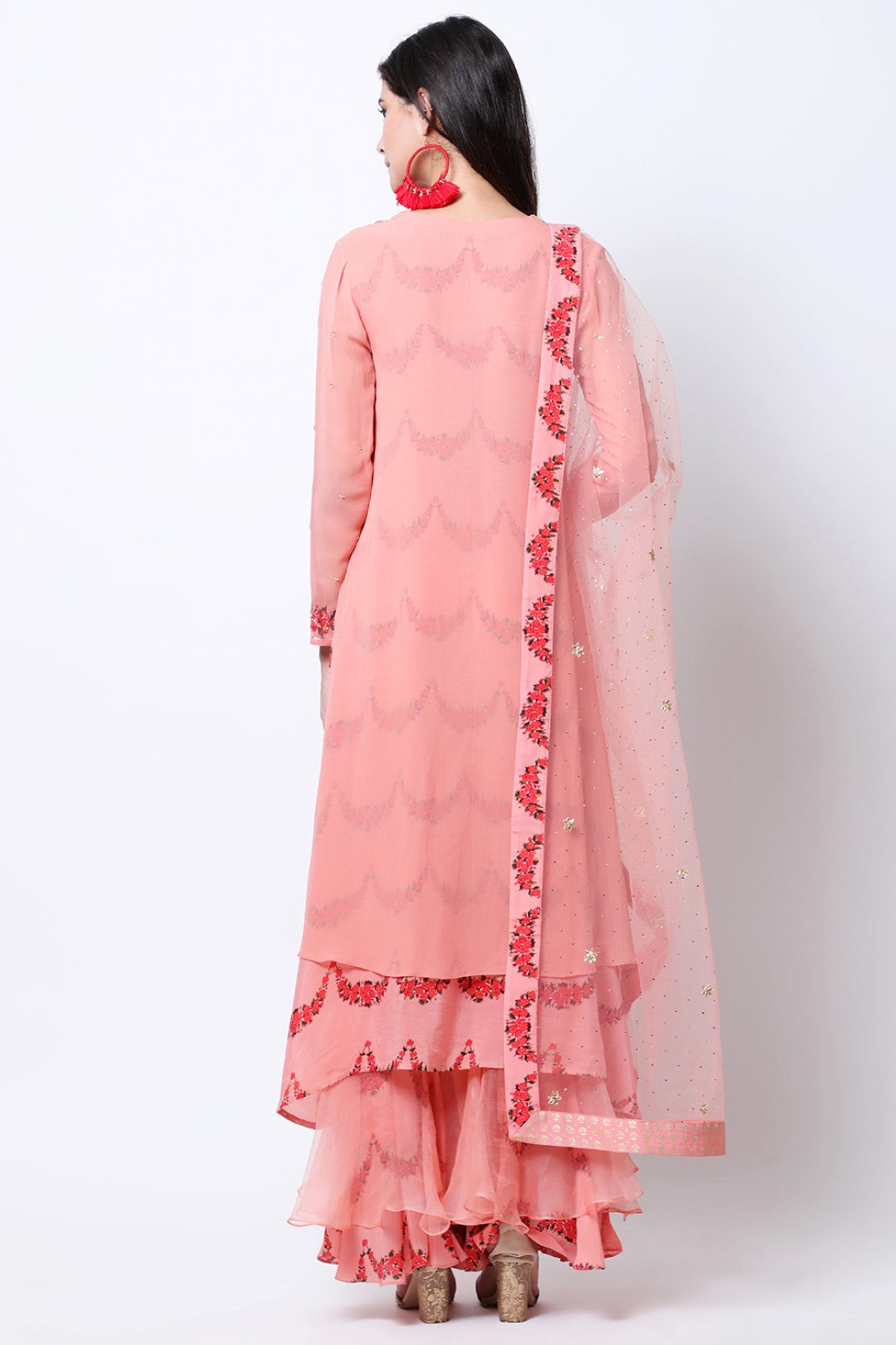 Vintage Rose scallop double layered embellished asymmetric tunic with mukesh net dupatta and sharara.