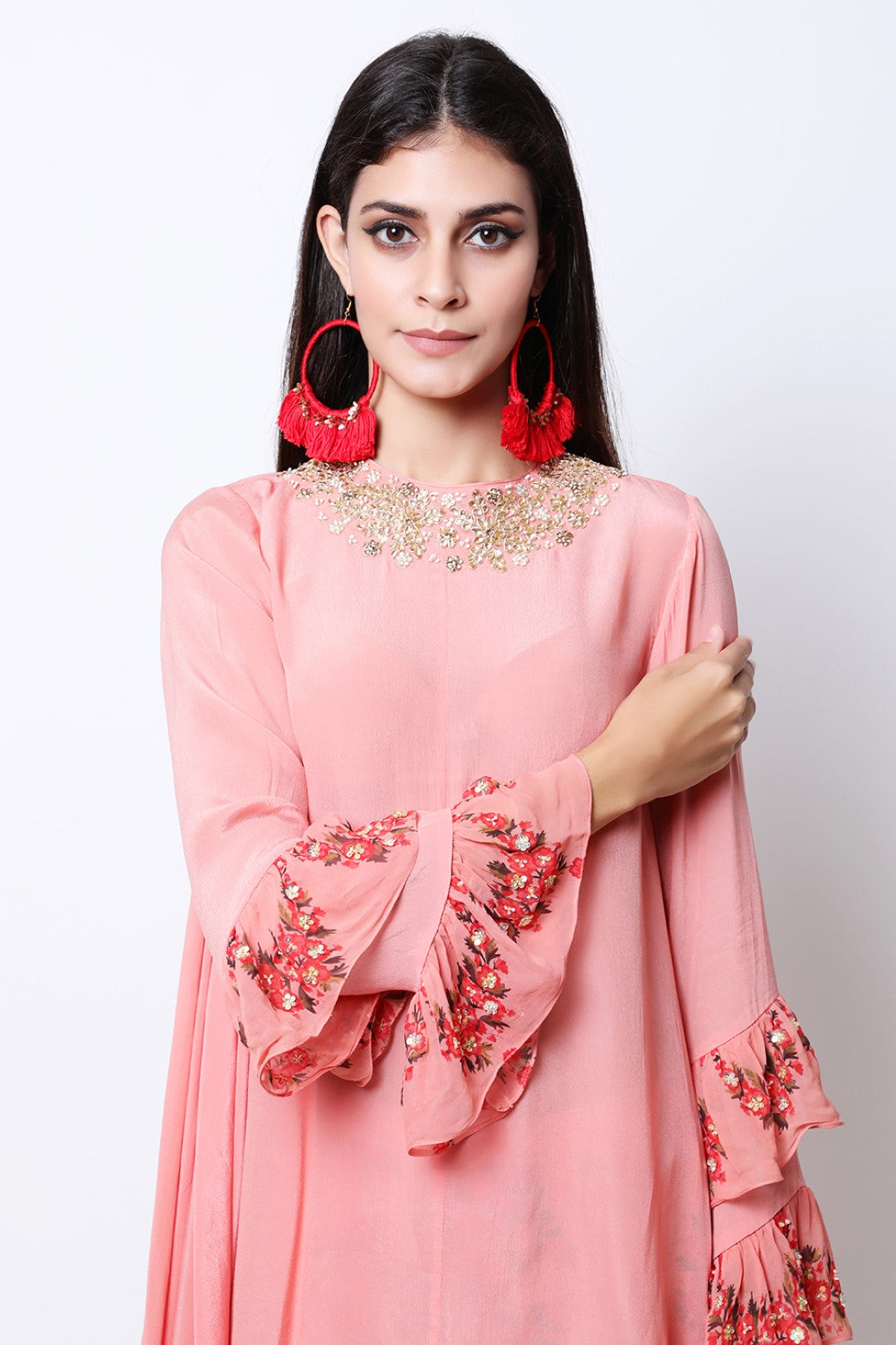 Vintage Rose asymmetric tunic with double layer frill sleeves with  cowl dhoti.