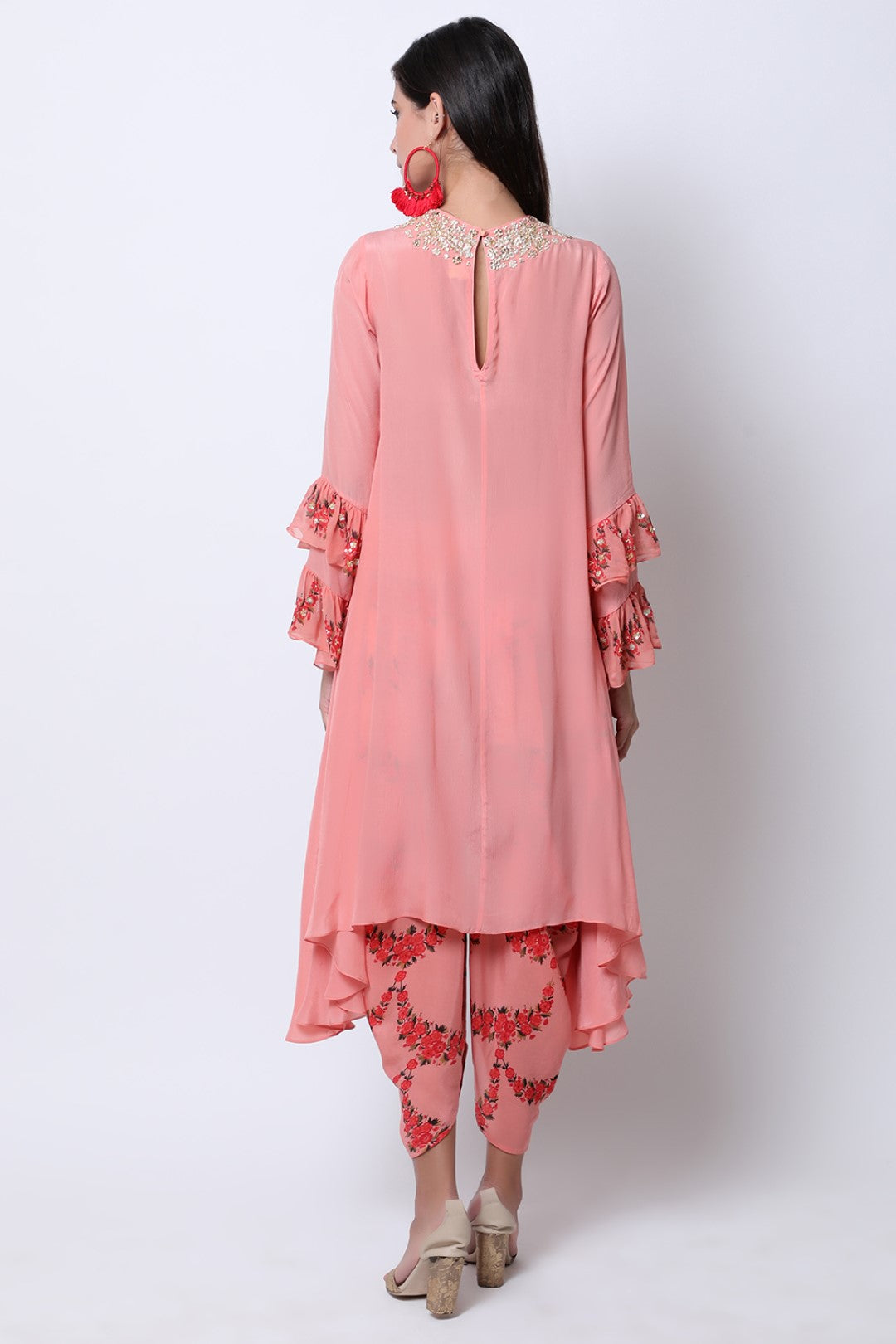 Vintage Rose asymmetric tunic with double layer frill sleeves with  cowl dhoti.