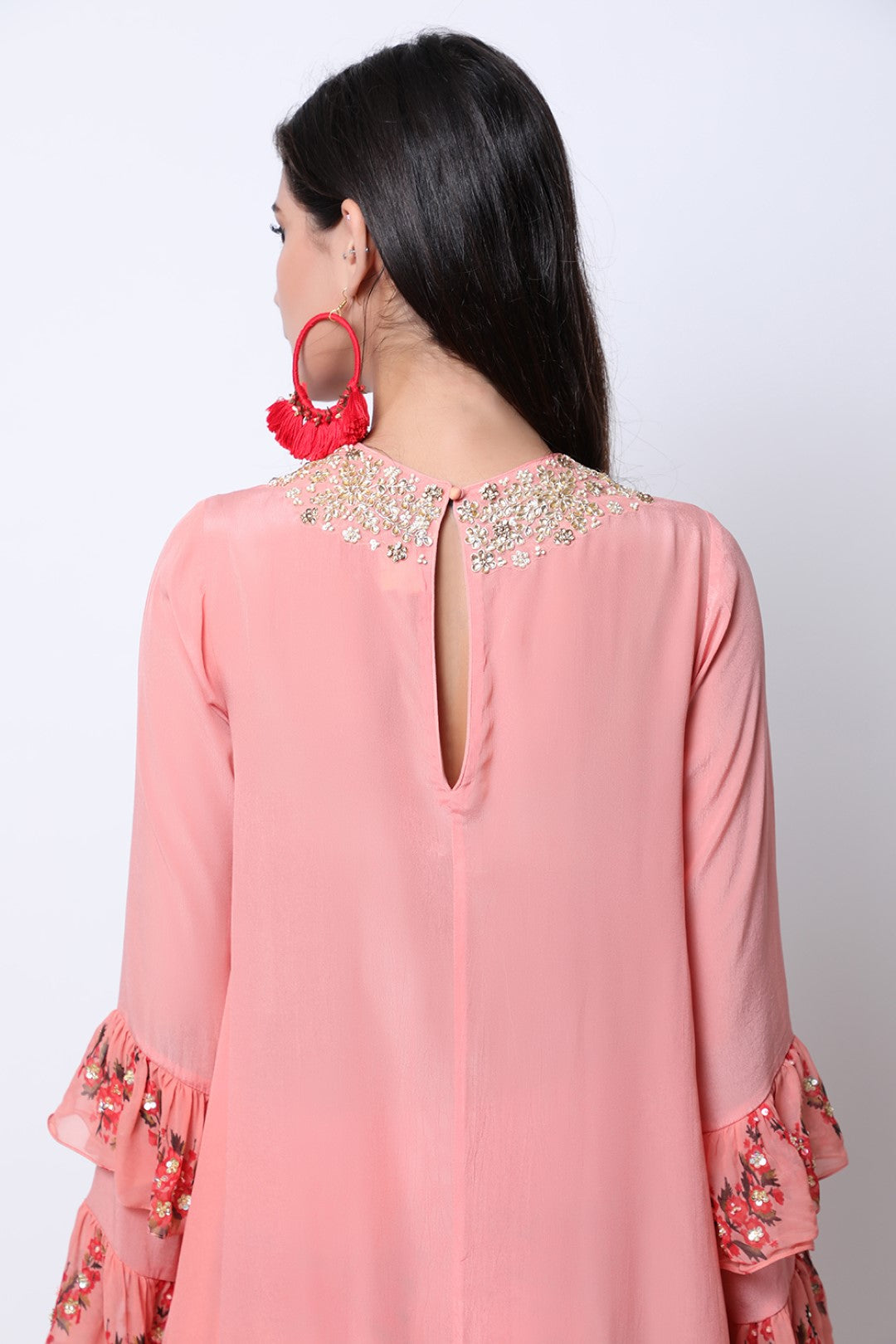 Vintage Rose asymmetric tunic with double layer frill sleeves with  cowl dhoti.