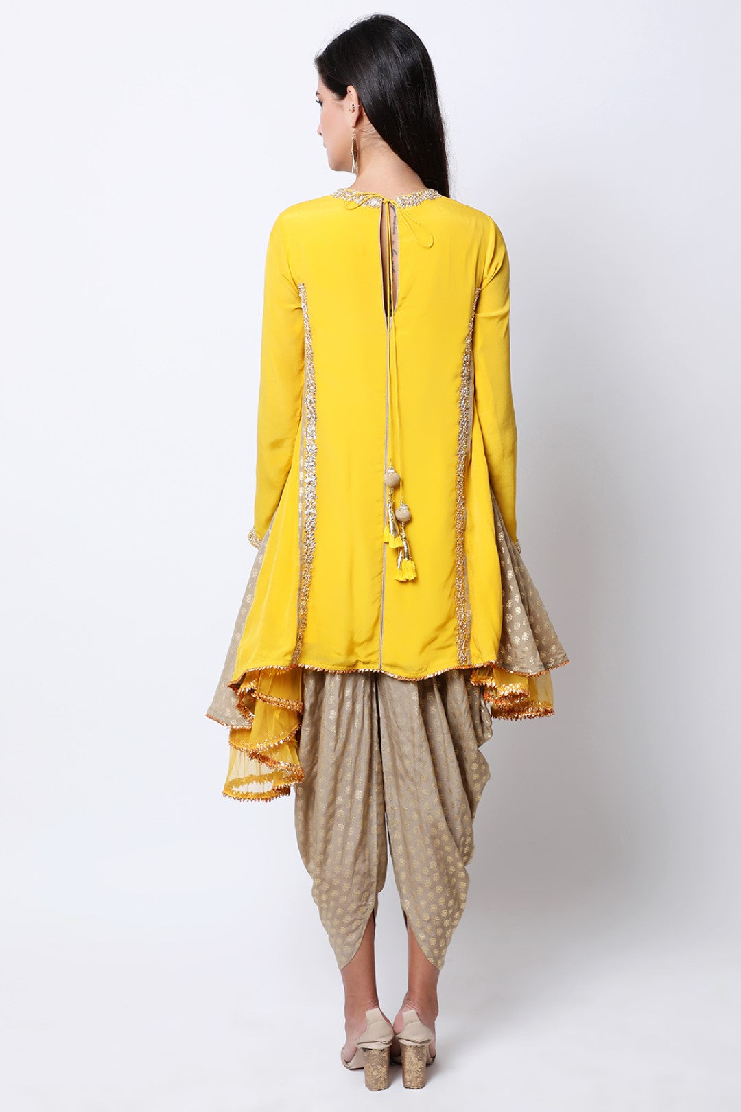 pitambari yellow asymmetric tunic  print side godets  with cowl dhoti.