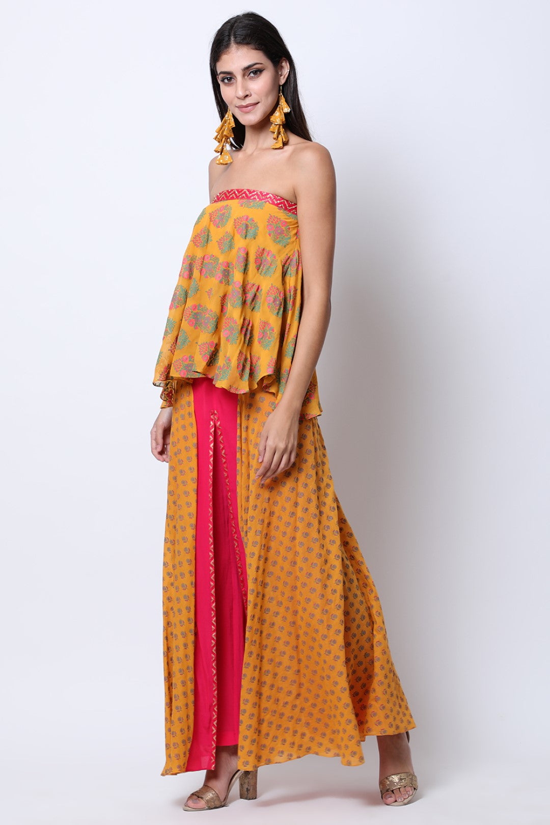 Ochre off shoulder hand-printed top with hand-printed ek phool front open sharara.