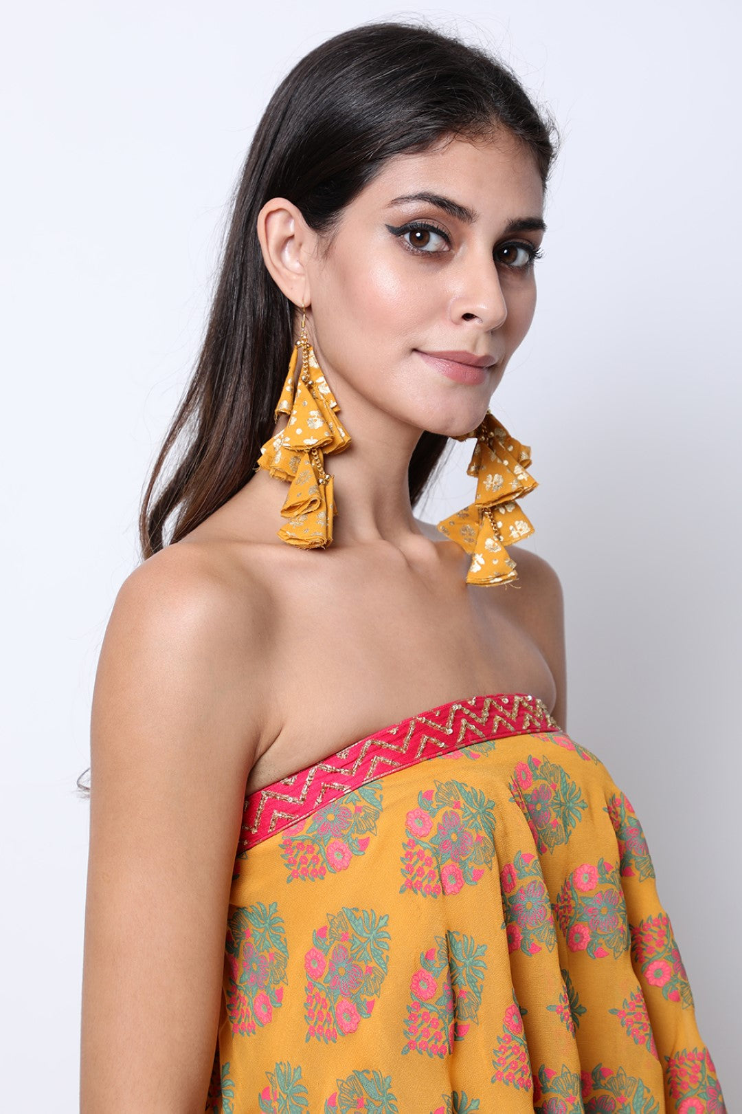 Ochre off shoulder hand-printed top with hand-printed ek phool front open sharara.