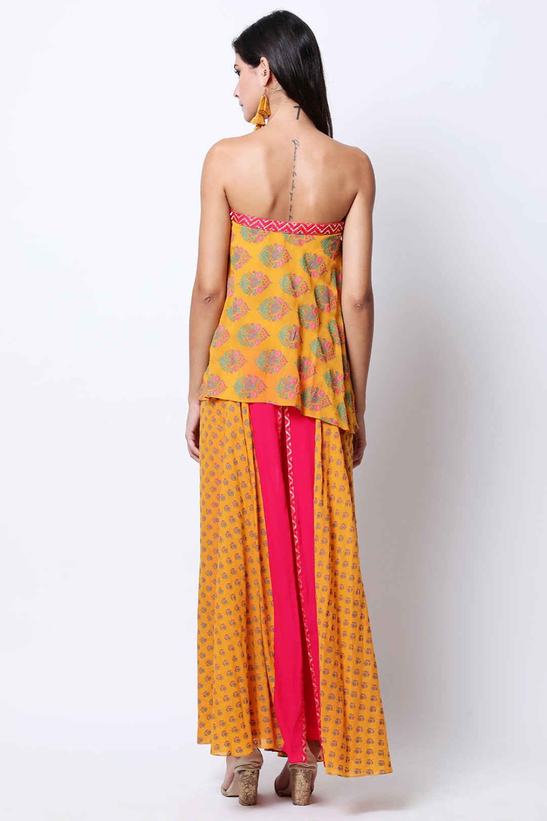 Ochre off shoulder hand-printed top with hand-printed ek phool front open sharara.