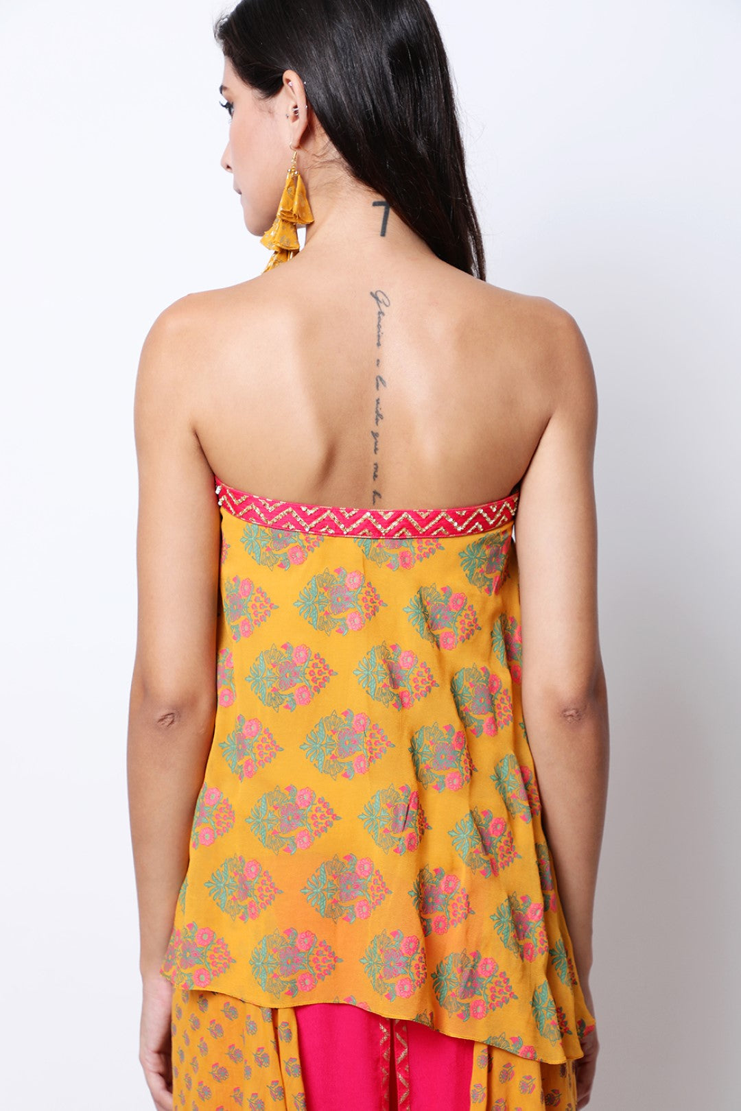 Ochre off shoulder hand-printed top with hand-printed ek phool front open sharara.