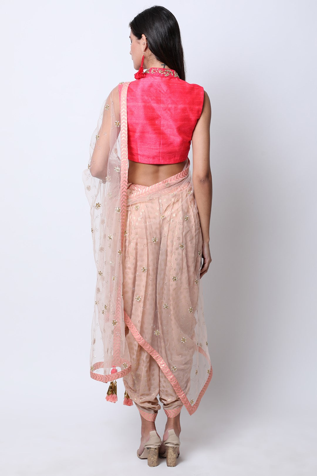 Light Tabacco lotus gold printed dhoti with attached dupatta  with blouse.