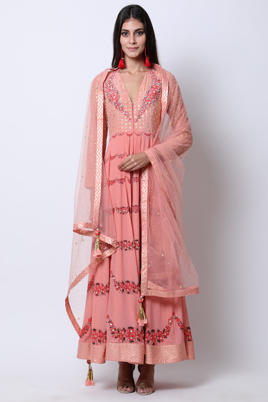 Vintage Rose scallop and gold printed kalidar  with mukesh embroidered dupatta and churidar.