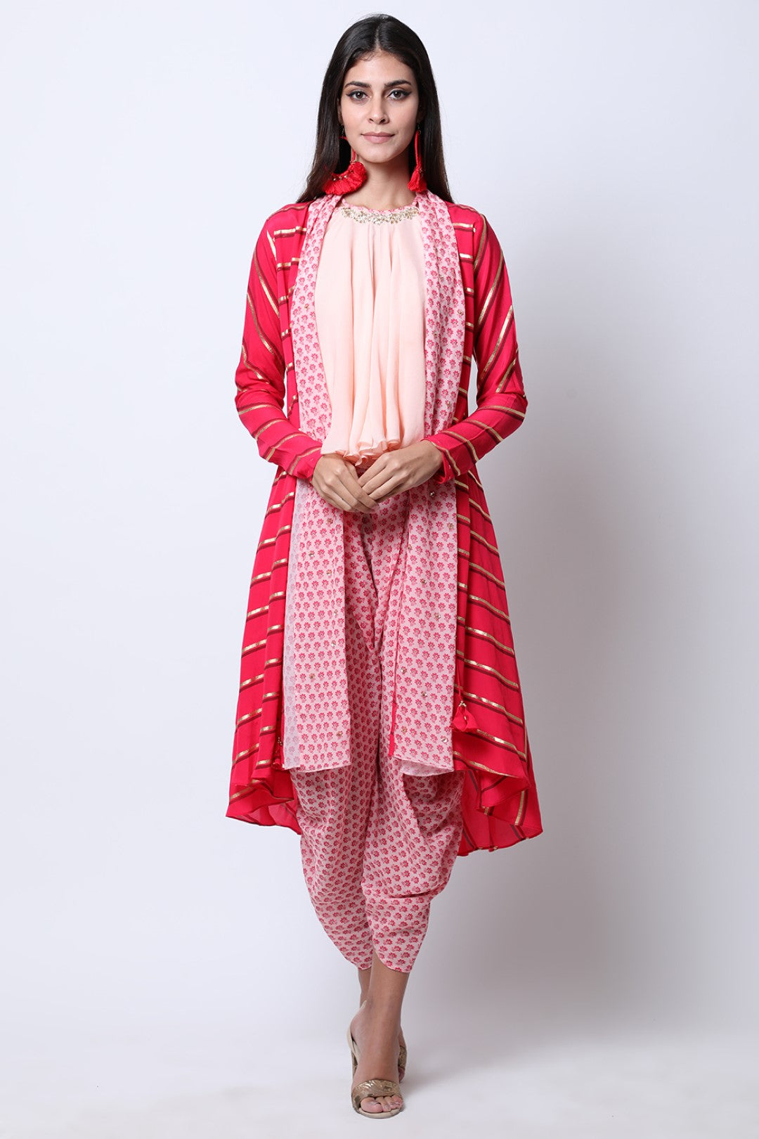 Rose Red leheriya printed jacket with  flare halter neck top and poppy printed dhoti.