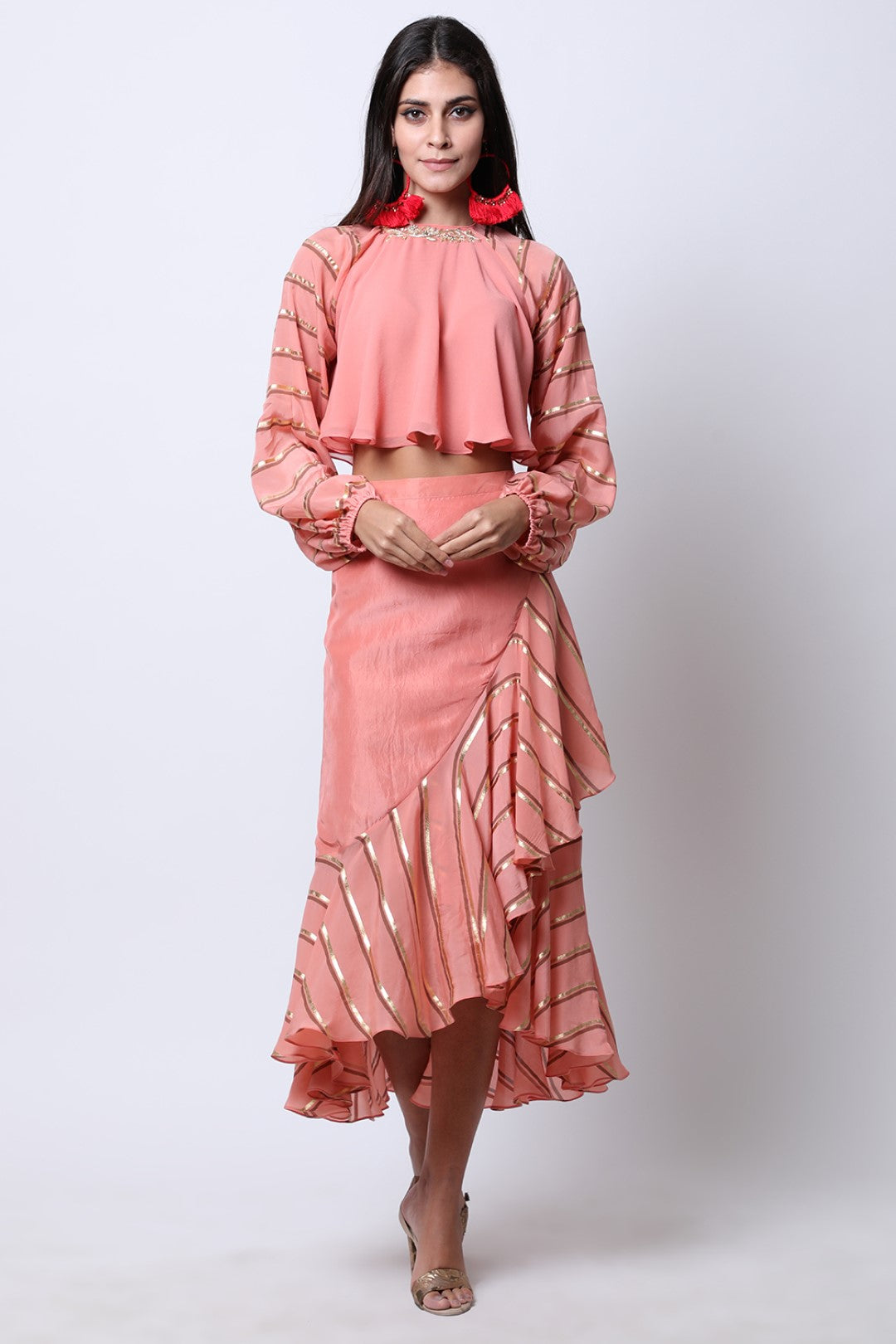 Vintage Rose kisti embroidered flare crop top , paired with leheriya wrap skirt.