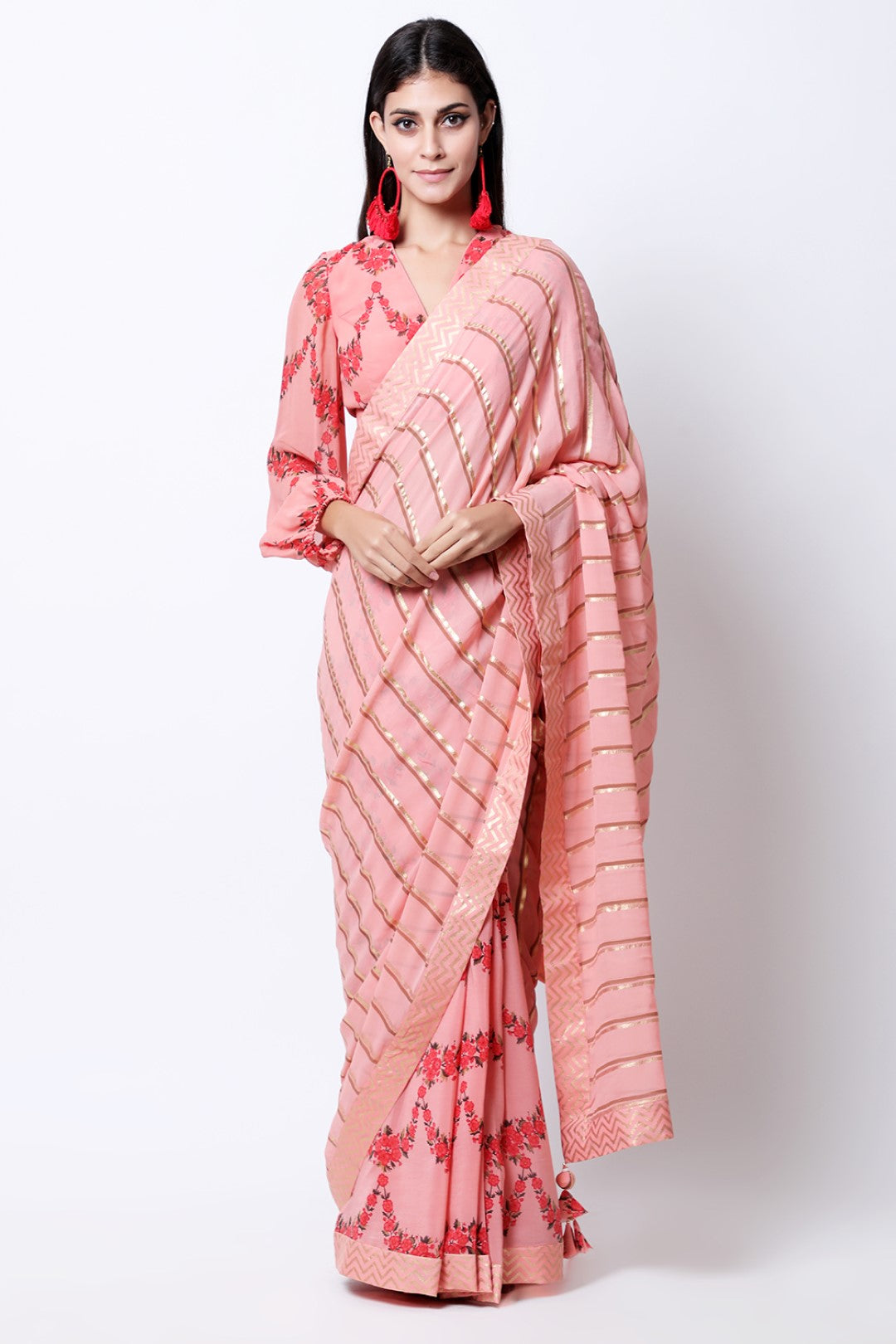 Vintage Rose leheriya georgette palla with scallop crepe pleated saree , paired with scallop embellished blouse.