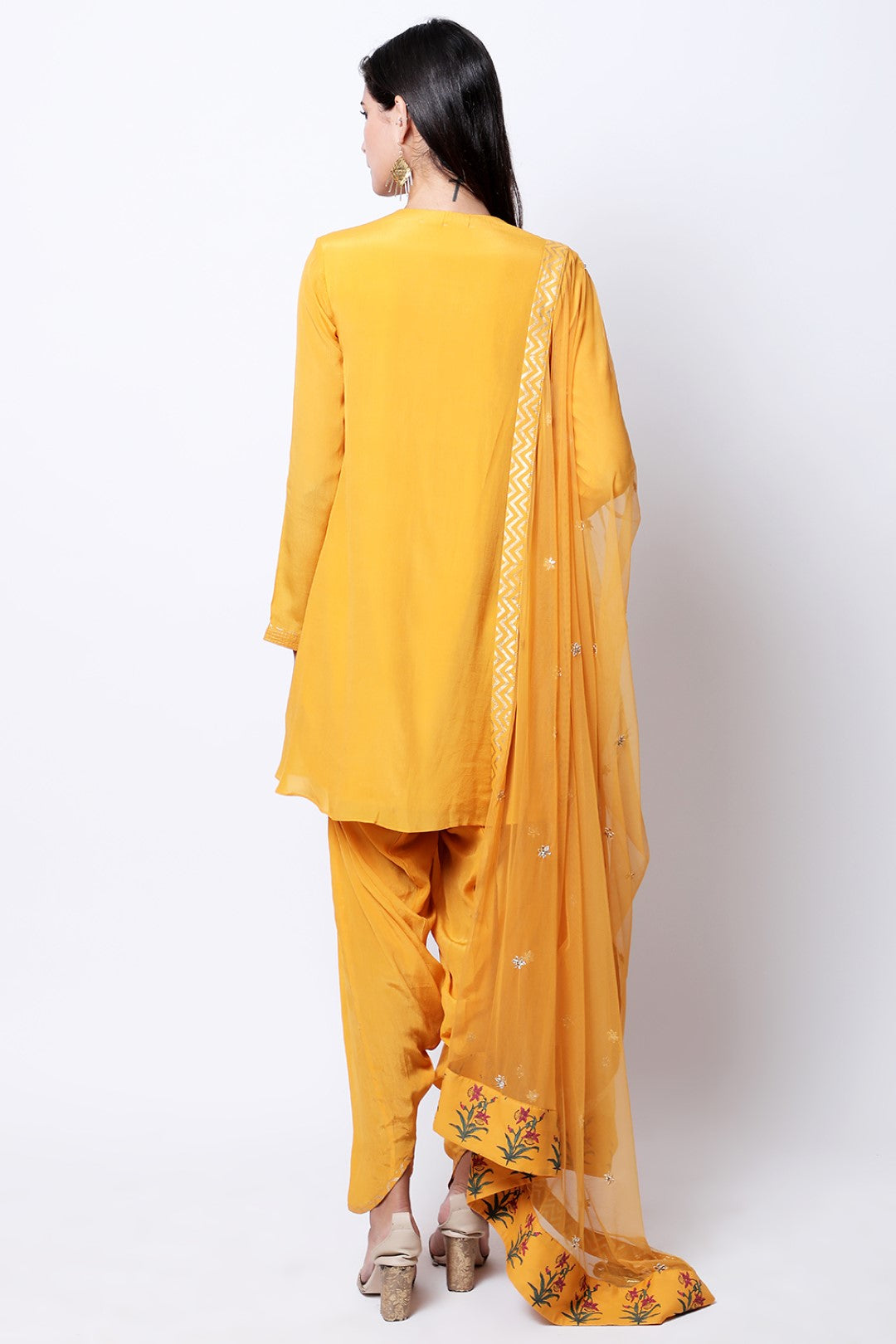 Ochre hand printed front and side godets kurta with mukesh embroidered dupatta and cowl dhoti.